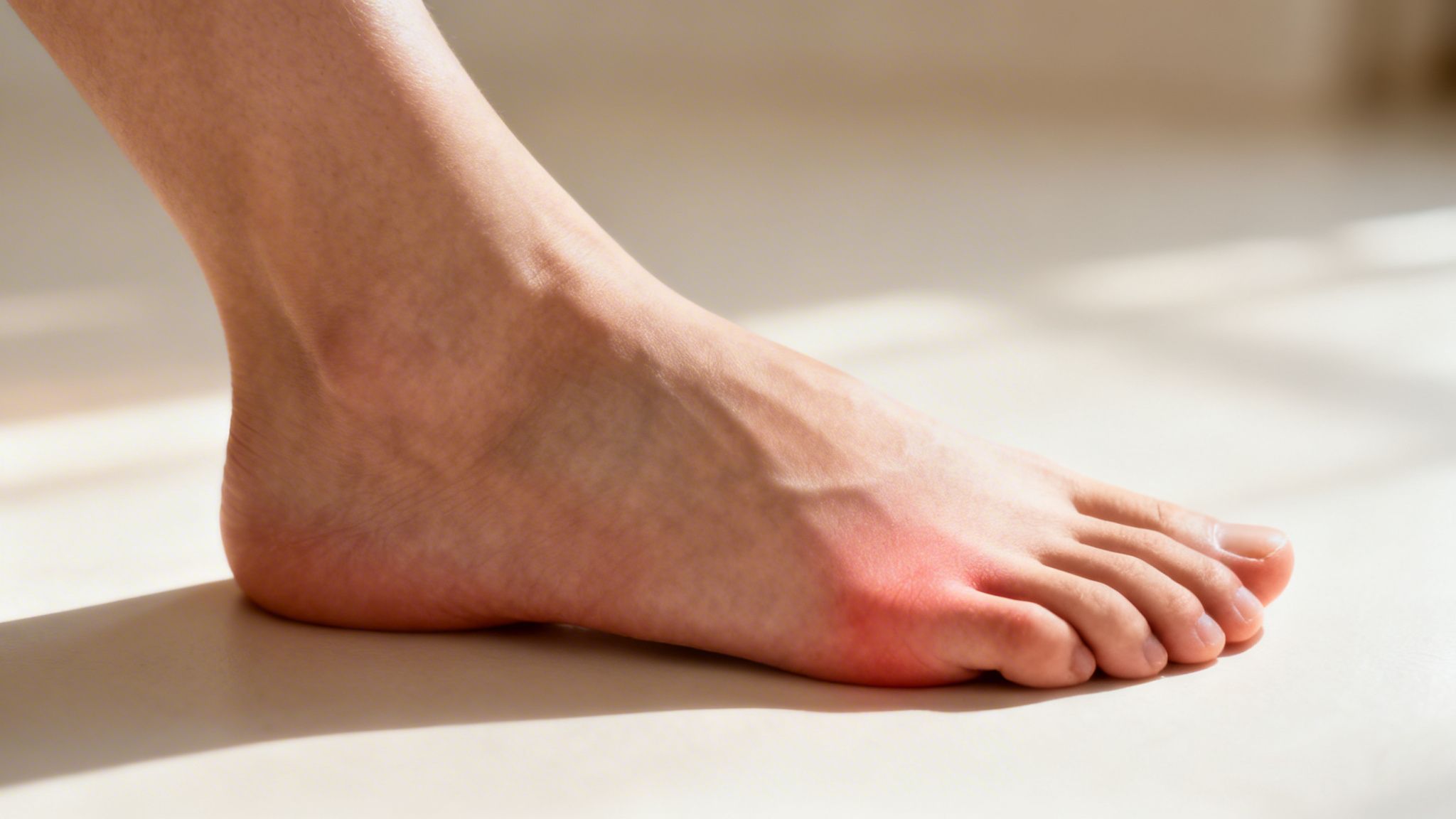 Nærbillede af en menneskefod, der viser tegn på rødme og hævelse ved storetåens grundled.