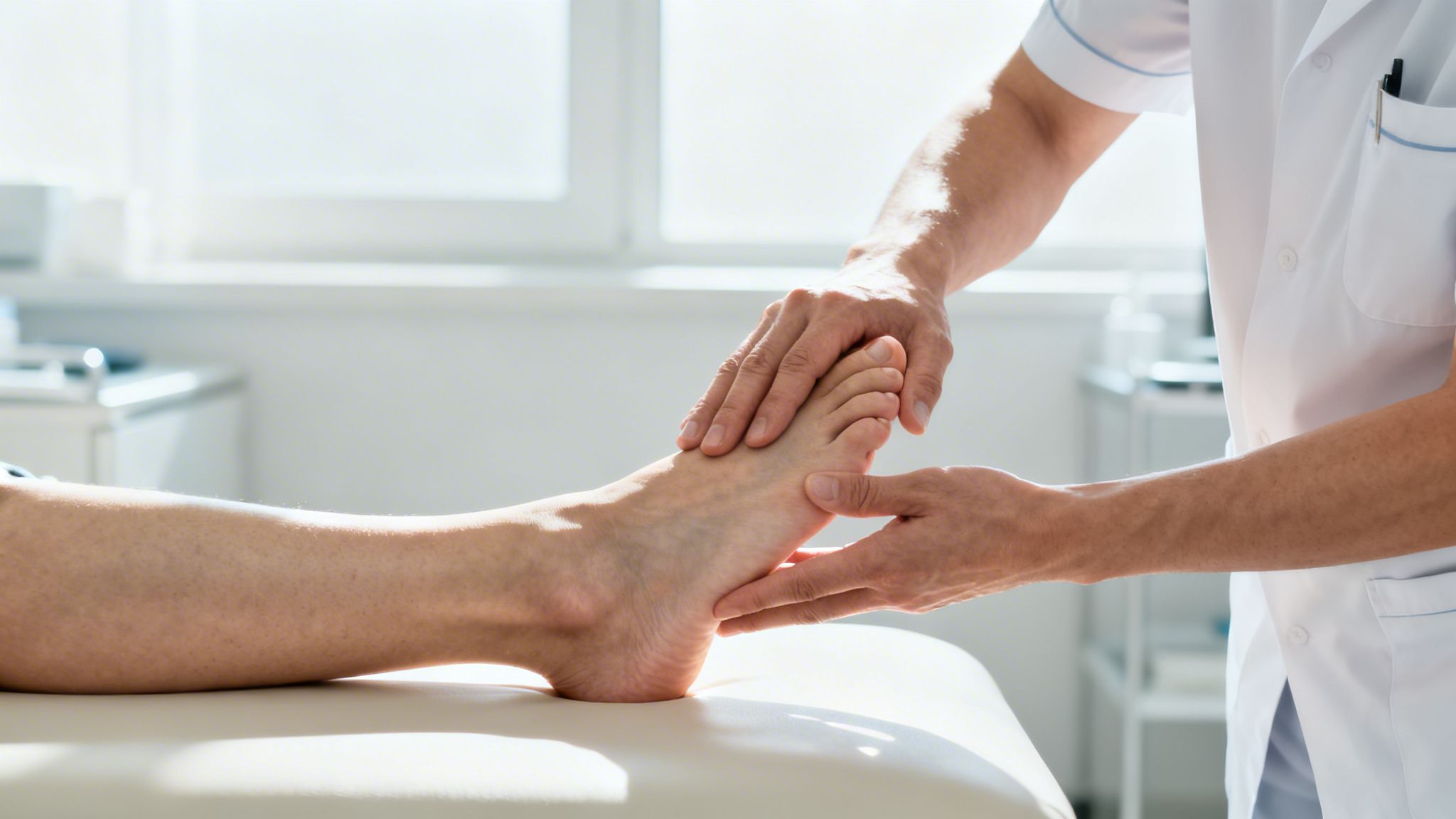 En fysioterapeut undersøger og behandler en patients fod for at vurdere symptomer på nedsunken forfod i klinikken.