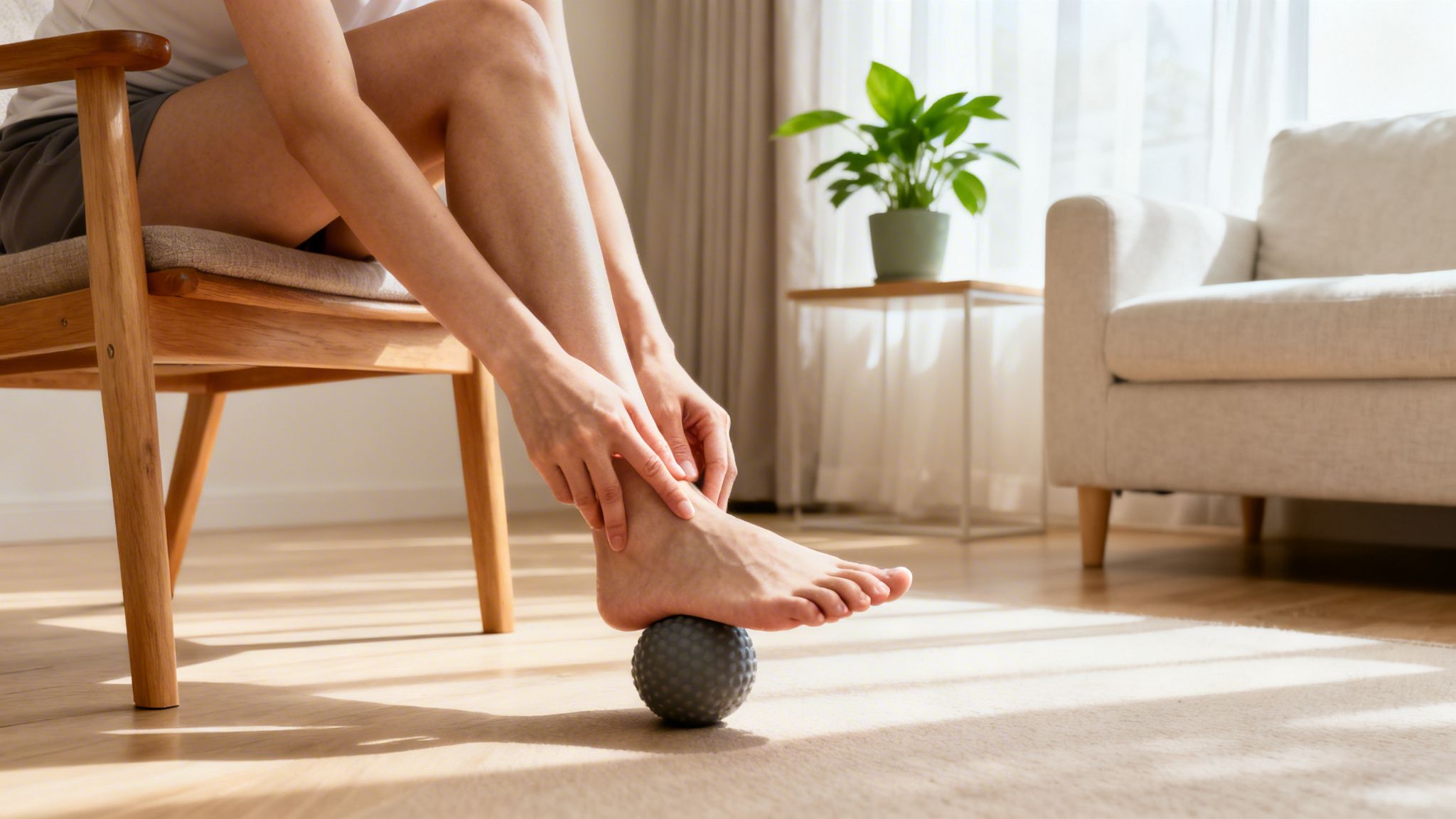 En person sidder på en stol og bruger en massagerullebold til at lindre smerter i foden.