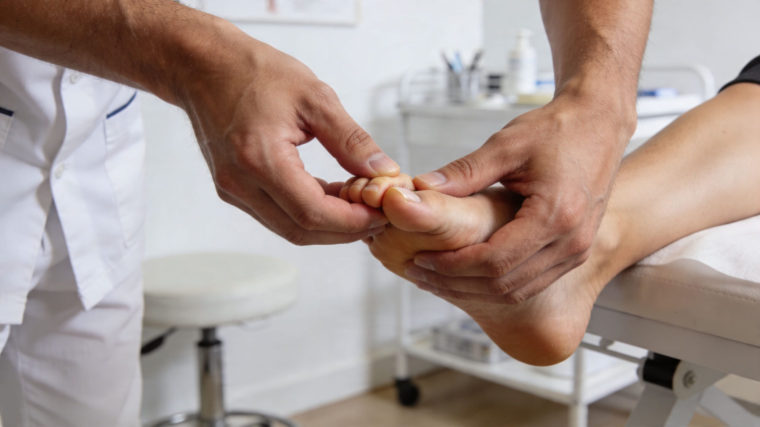 En fysioterapeut undersøger eller behandler en patients storetå for at lindre symptomer på hallux valgus.