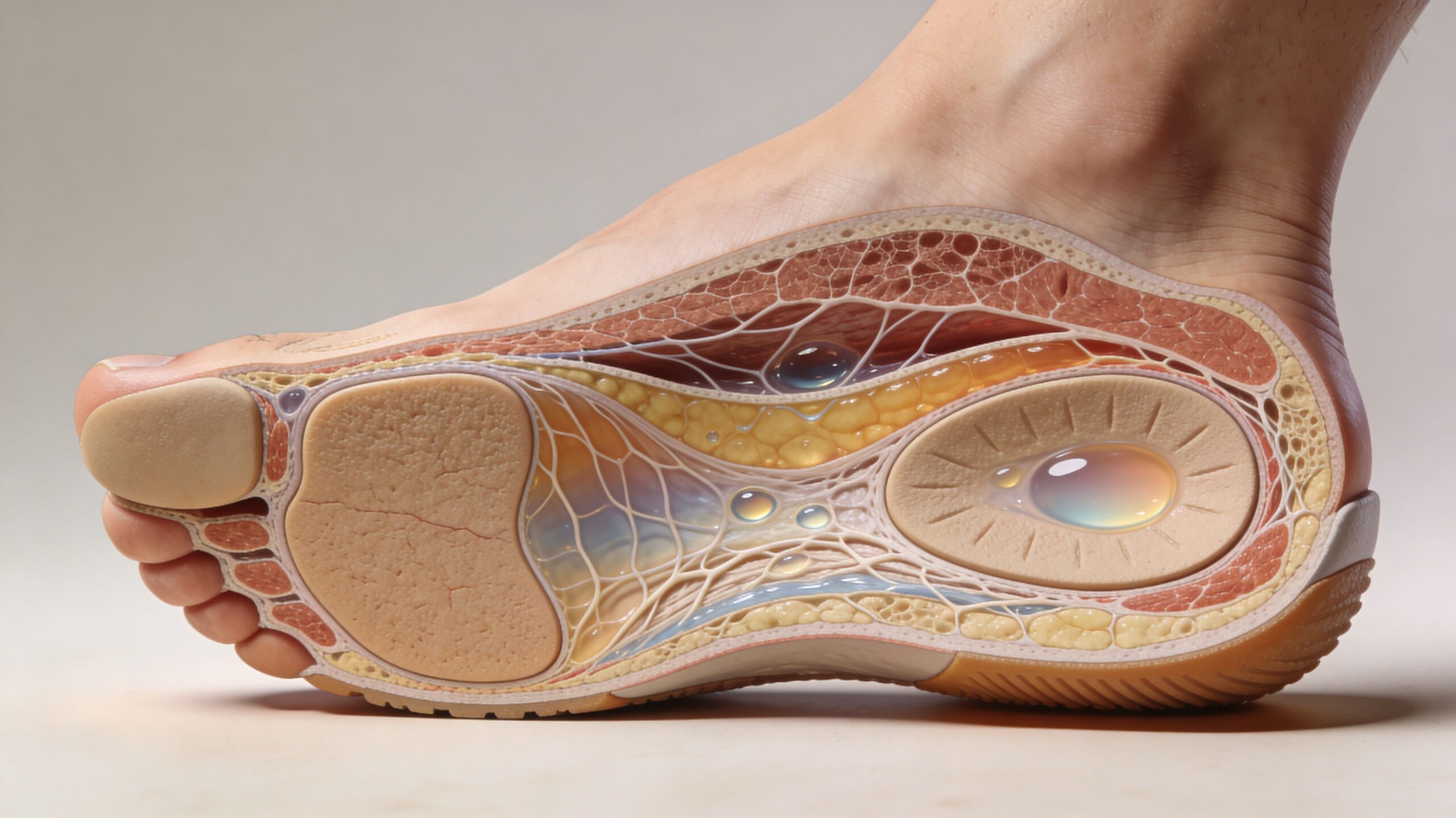 En detaljeret illustration af en menneskefod, der viser anatomi og trykpunkter i hælpuden i et tværsnit.