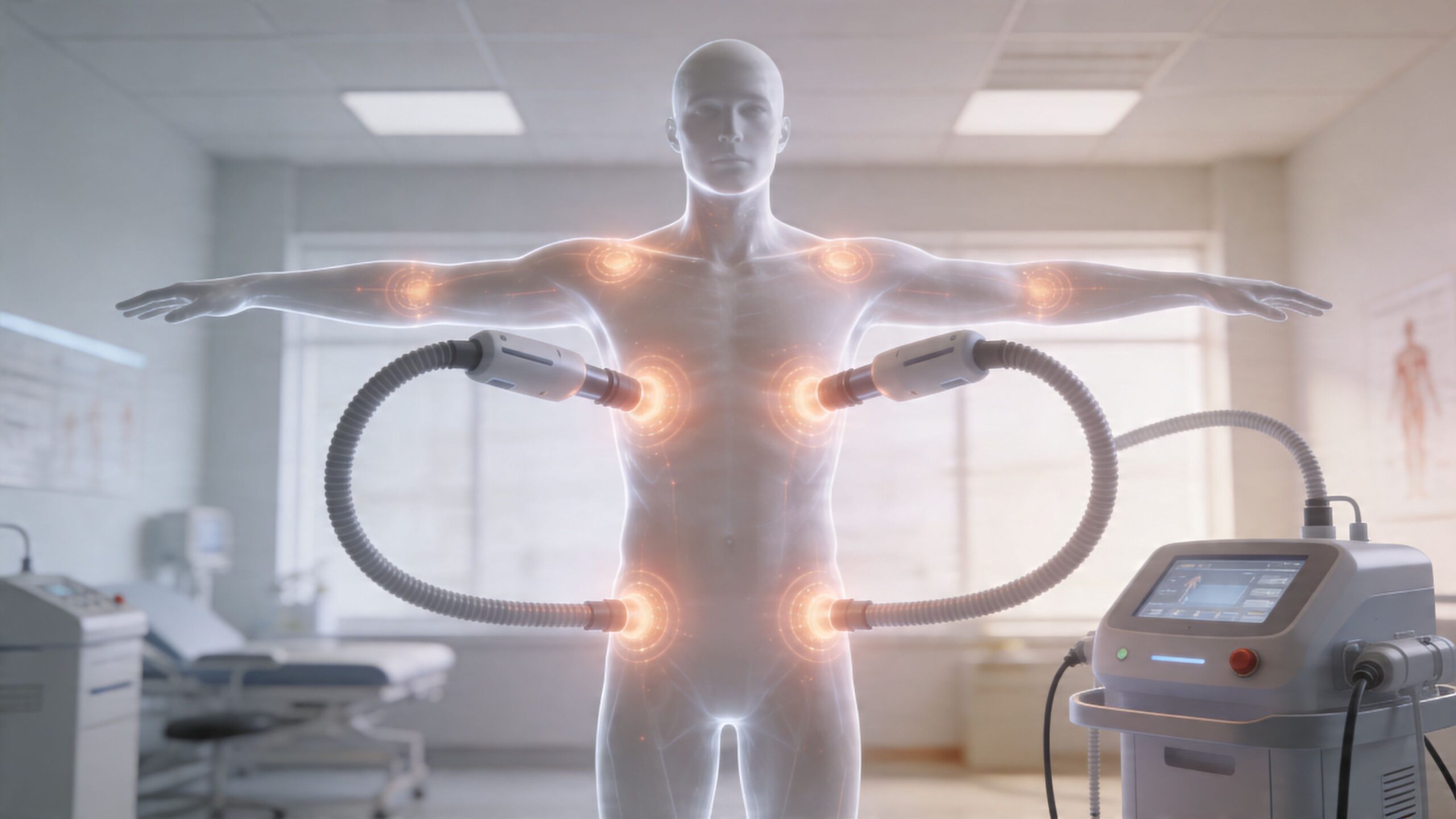 En digital model af en menneskekrop modtager avanceret medicinsk behandling fra en moderne maskine med lysende sensorer.