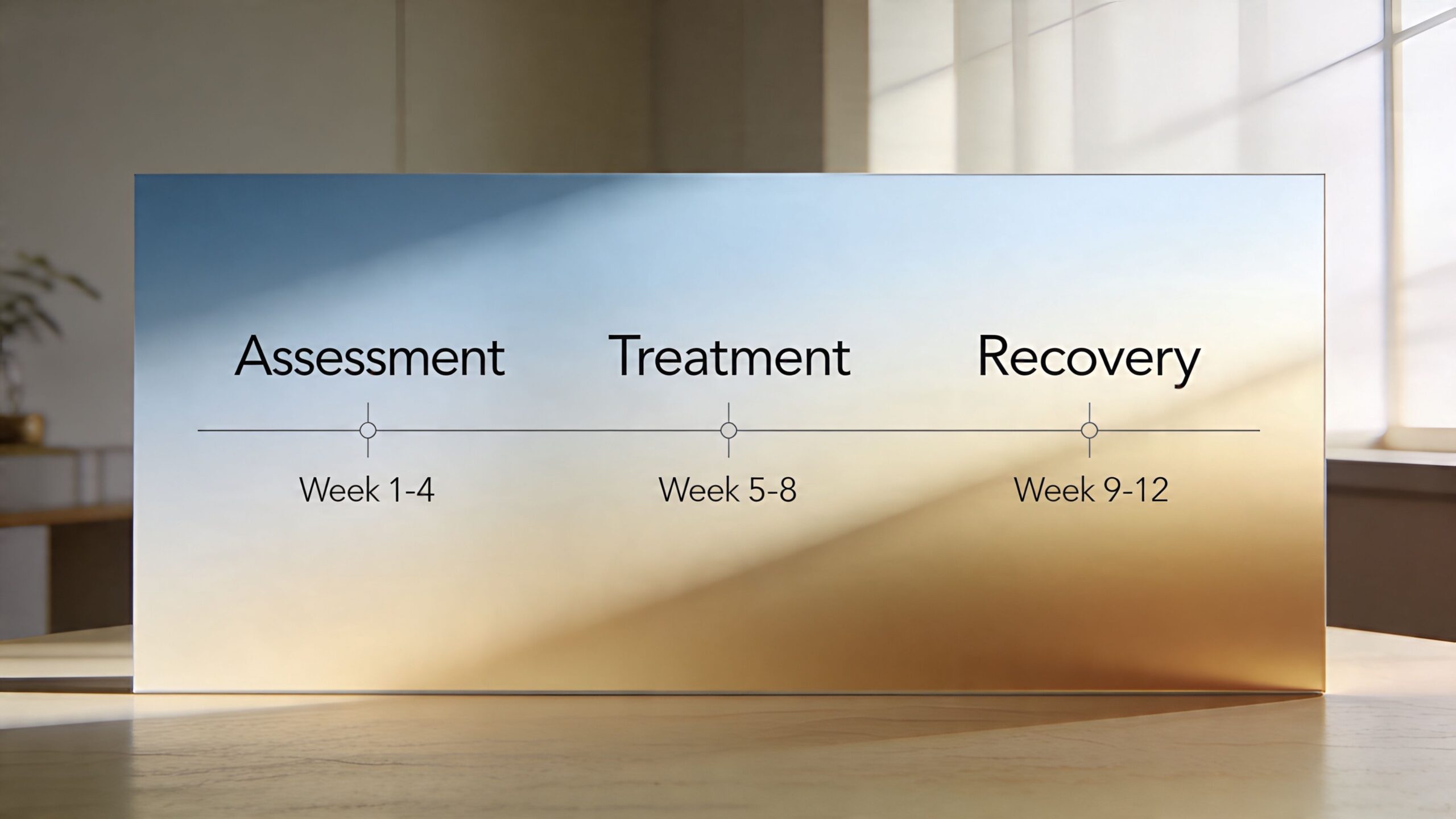 En tidslinje for et behandlingsforløb opdelt i tre faser: vurdering, behandling og genopretning over 12 uger.