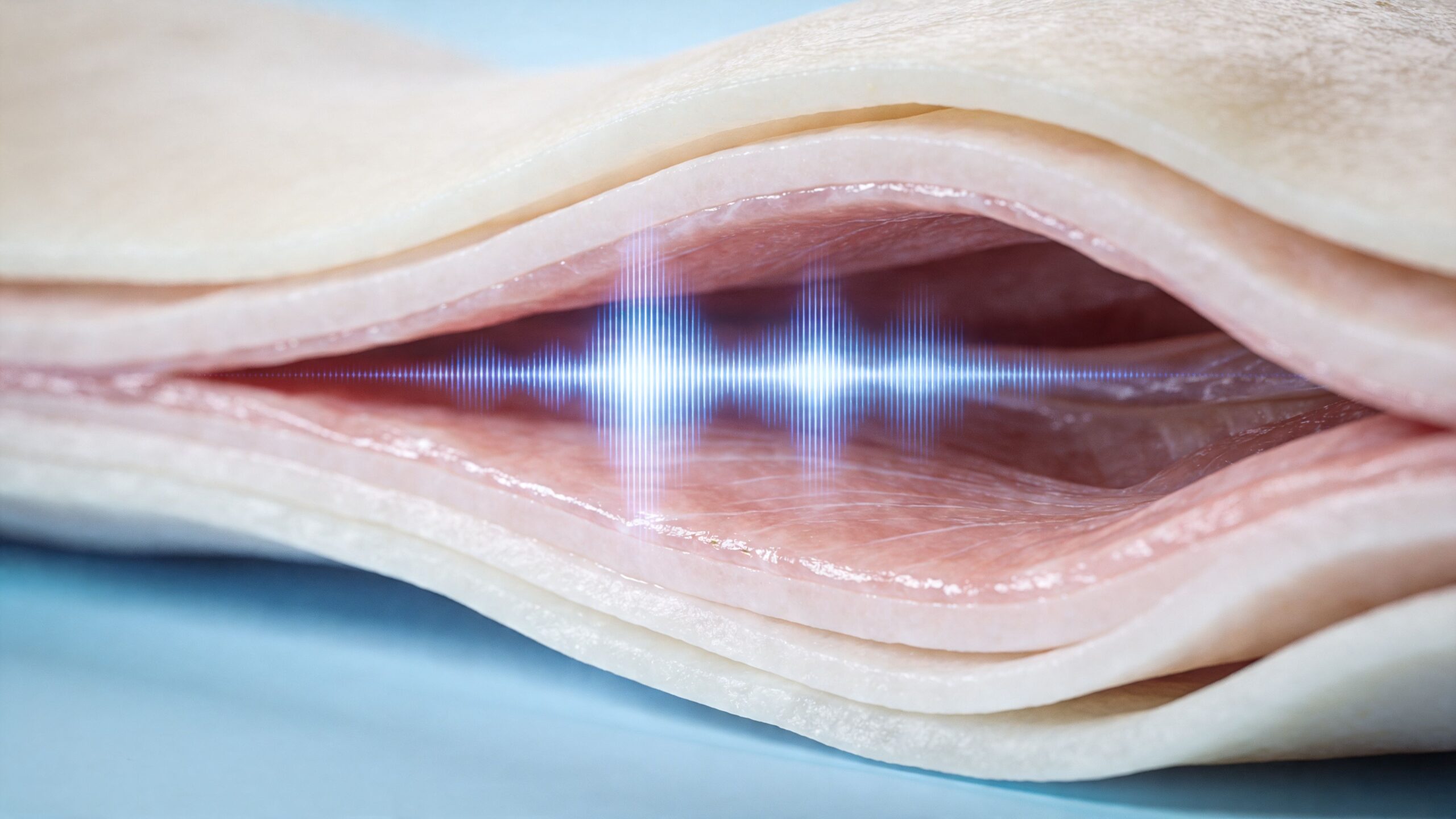 Et tæt billede af lagdelte kødskiver med en digital lydbølge overlayet i midten af billedet.