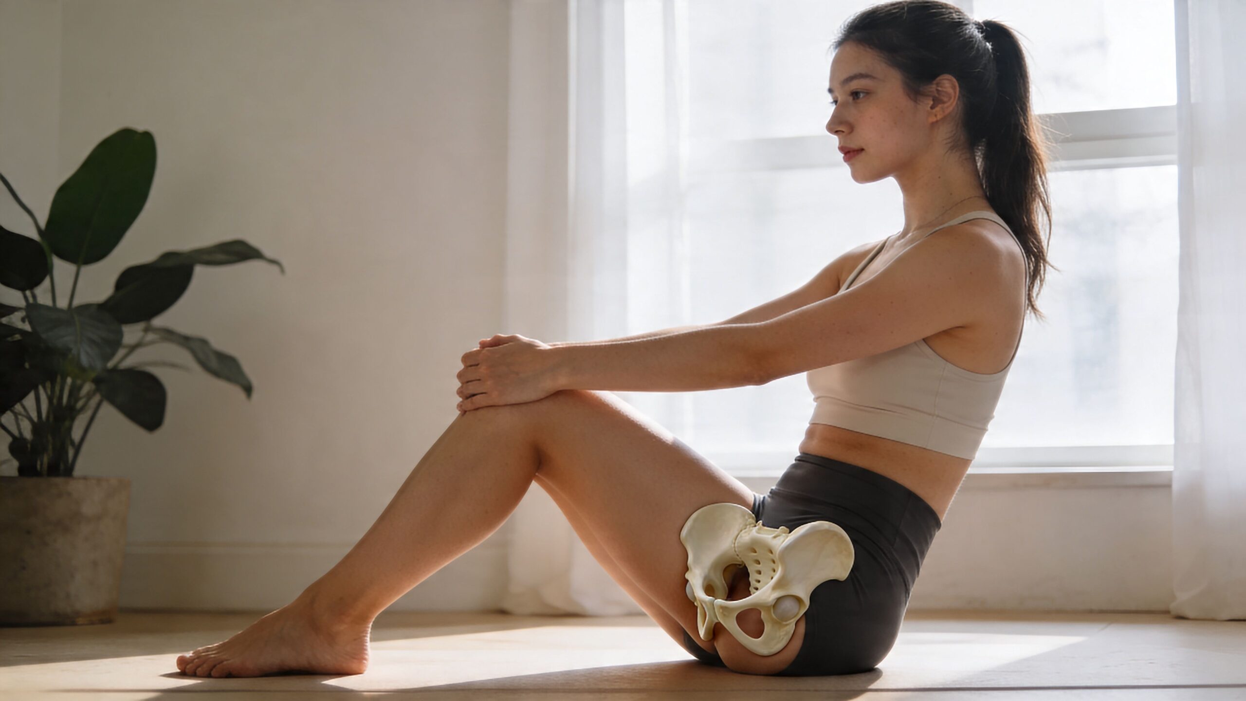 Kvinde sidder på gulvet ved siden af et bækkenmodel, der illustrerer anatomi i forbindelse med bækkenbundstræning.