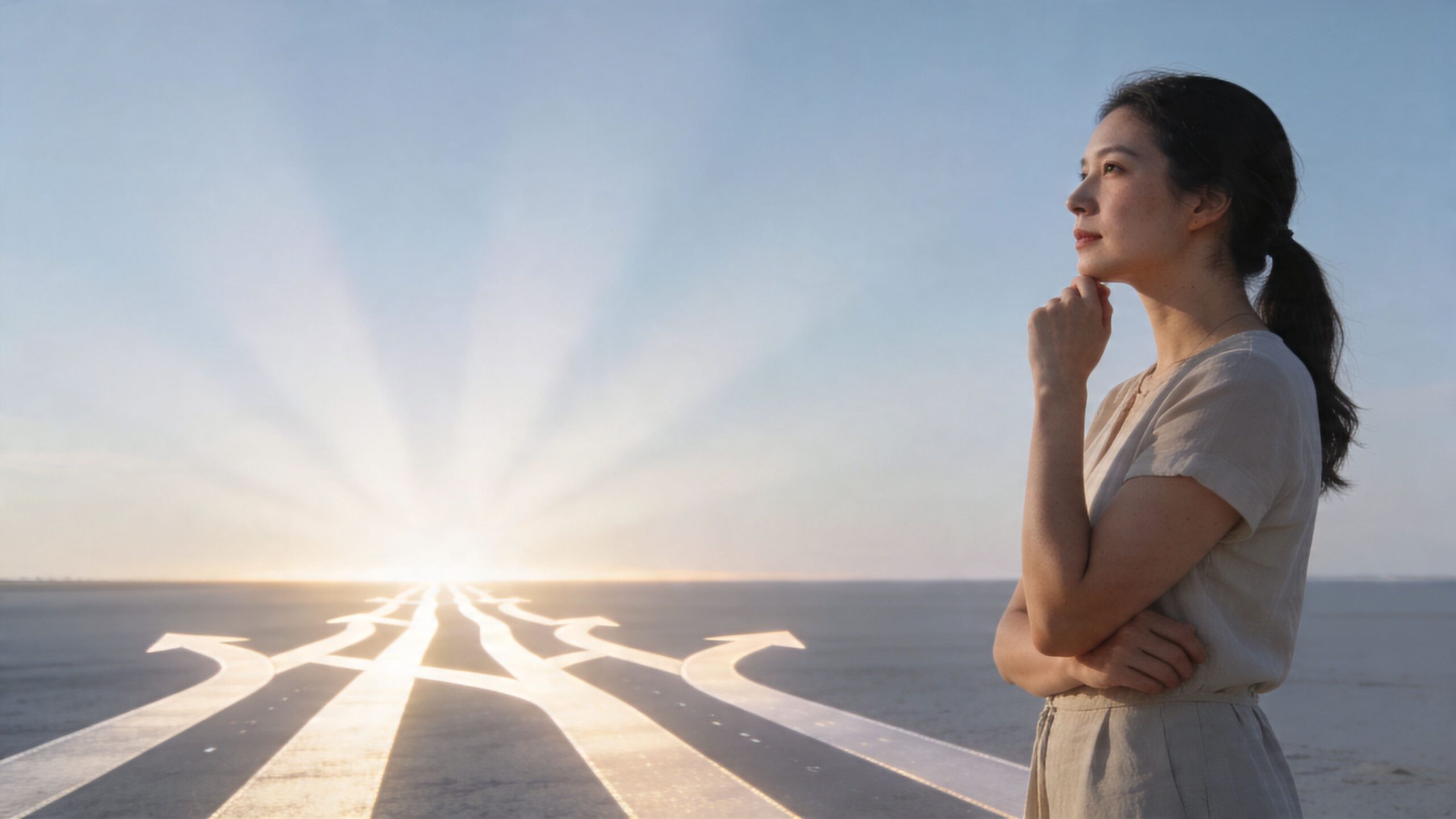 En eftertænksom kvinde kigger ud over en slette med flere stier, der symboliserer forskellige valgmuligheder og livsbeslutninger.