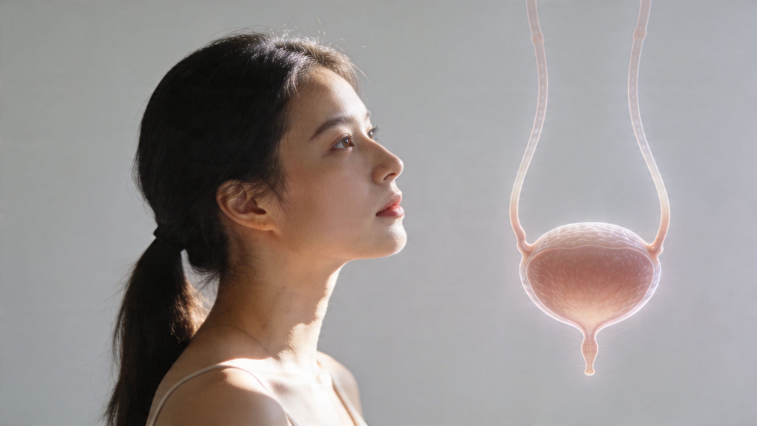 En kvinde ser opmærksomt på en 3D-illustration af en urinblære i en medicinsk sammenhæng.