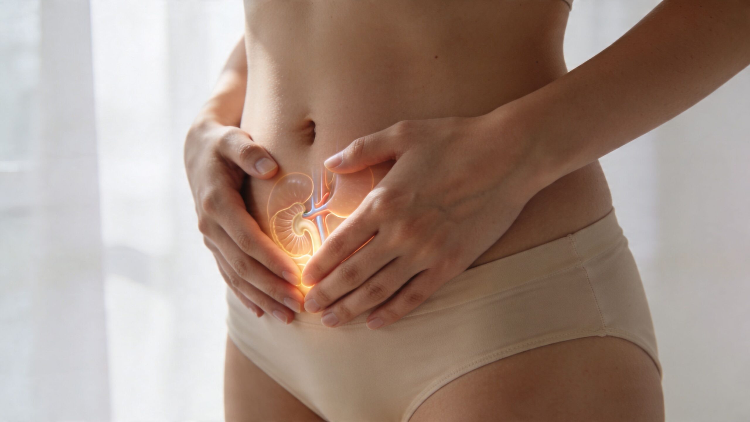 En kvinde placerer hænderne på maven, hvor et illustreret billede af nyrer og urinveje er synligt.