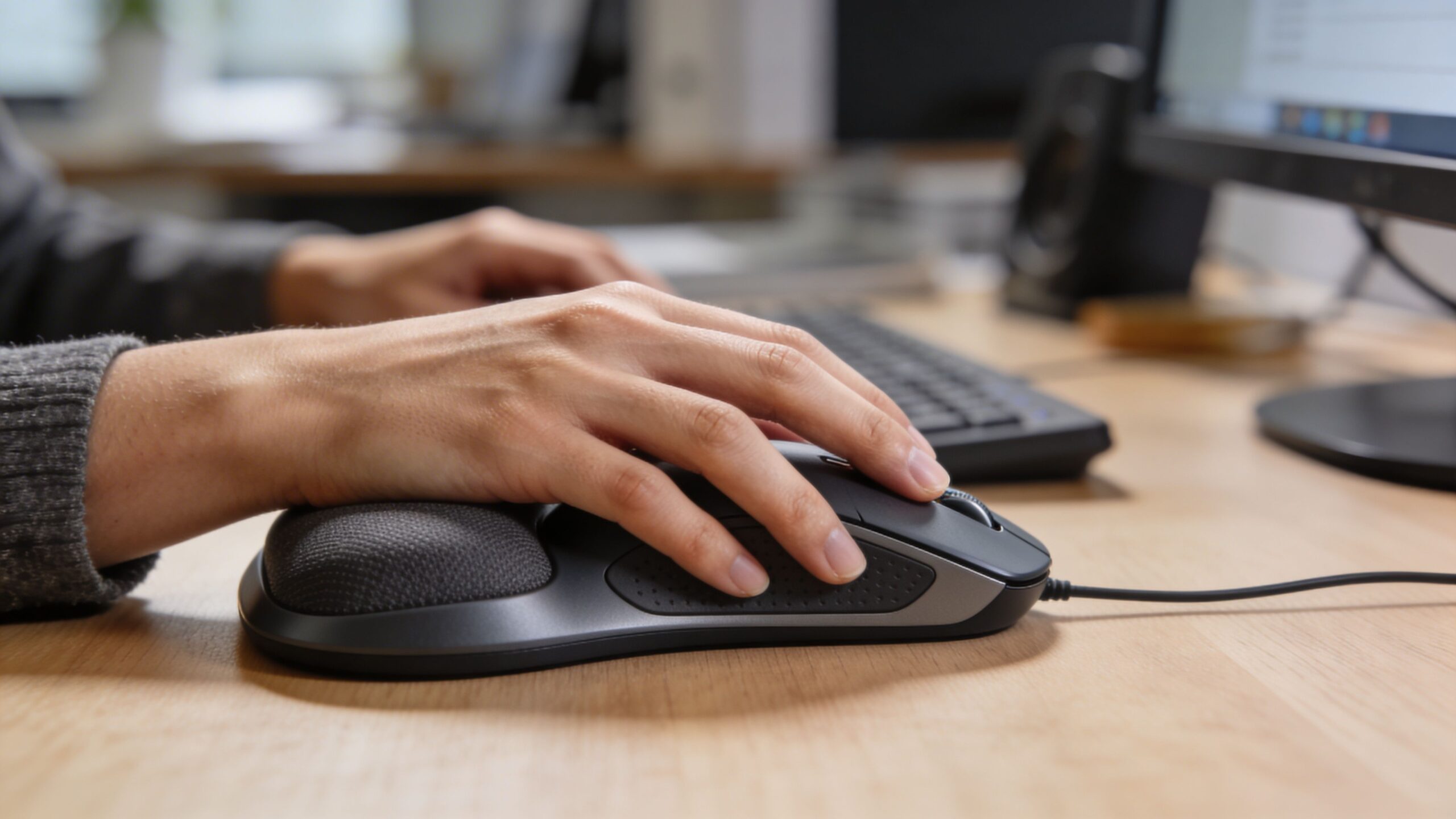En person bruger en ergonomisk mus ved et skrivebord for at mindske smerter og forebygge museskader.