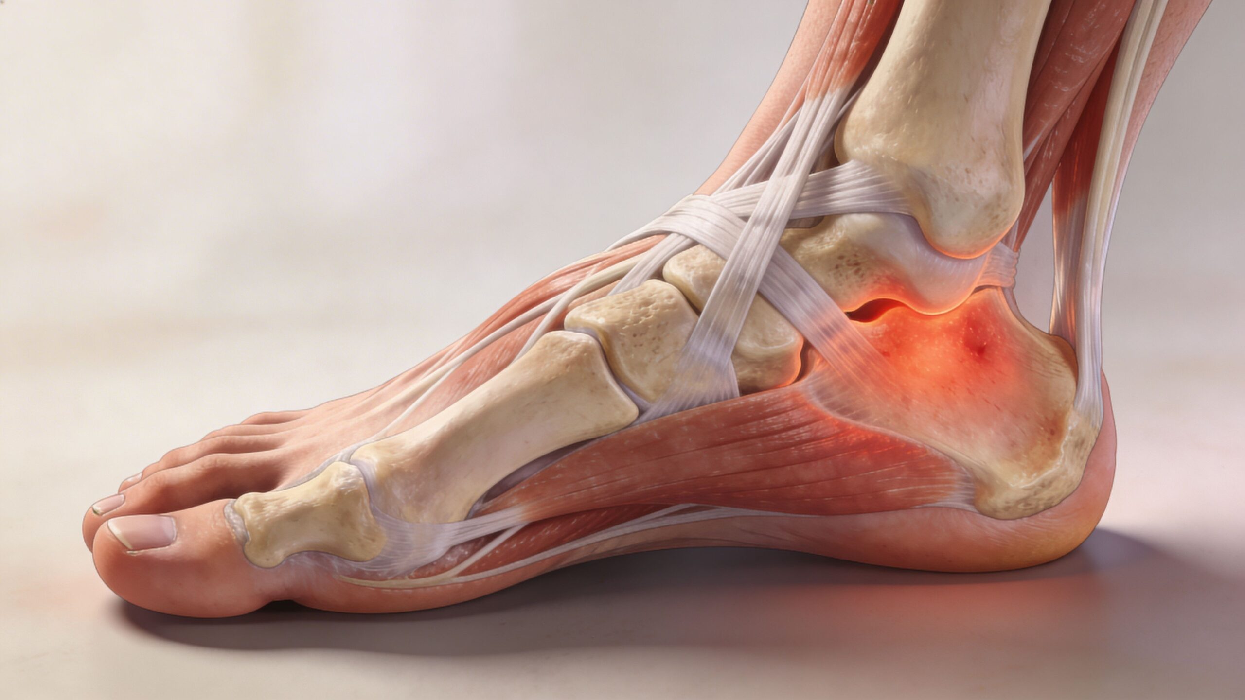 Illustration af en menneskelig fod med fremhævet inflammation i hælområdet, der indikerer smerter fra en hælspore.
