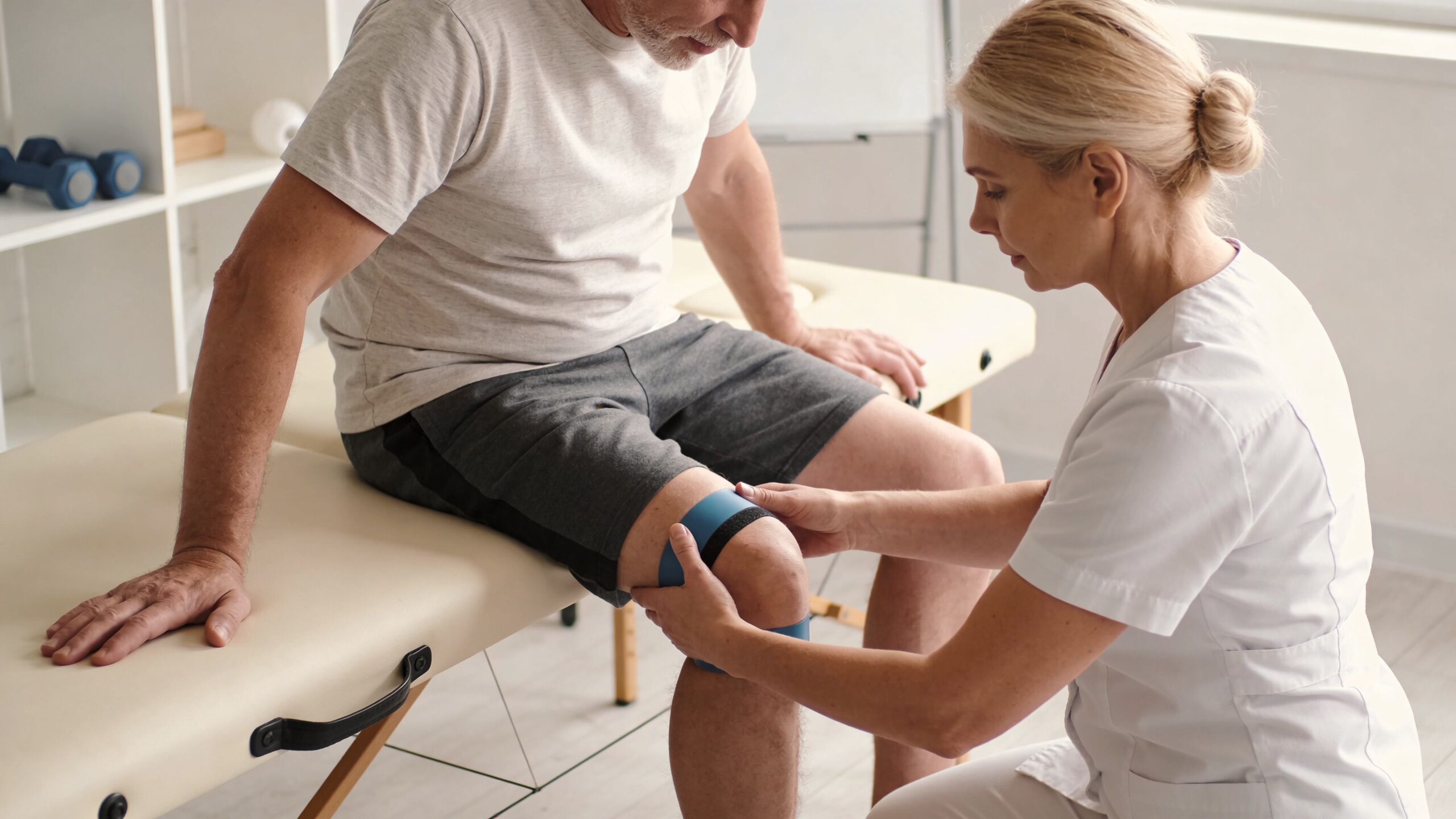 En fysioterapeut påfører sportstape på knæet af en ældre patient under en rehabiliteringssession i en klinik.