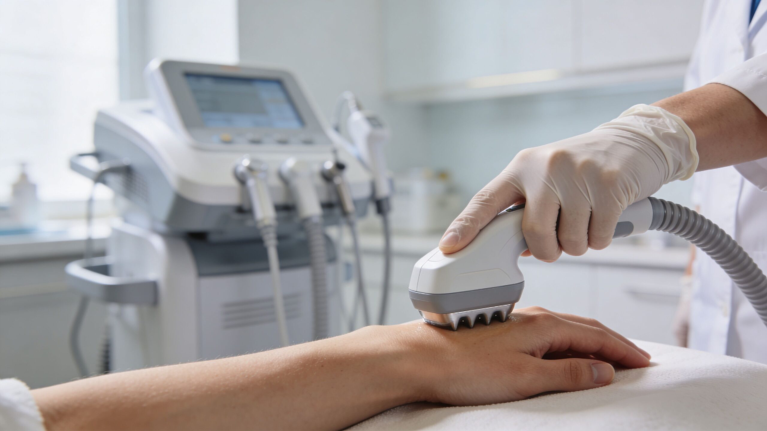 En kosmetolog udfører en professionel hudbehandling med en avanceret maskine på en klients hånd i en klinik.