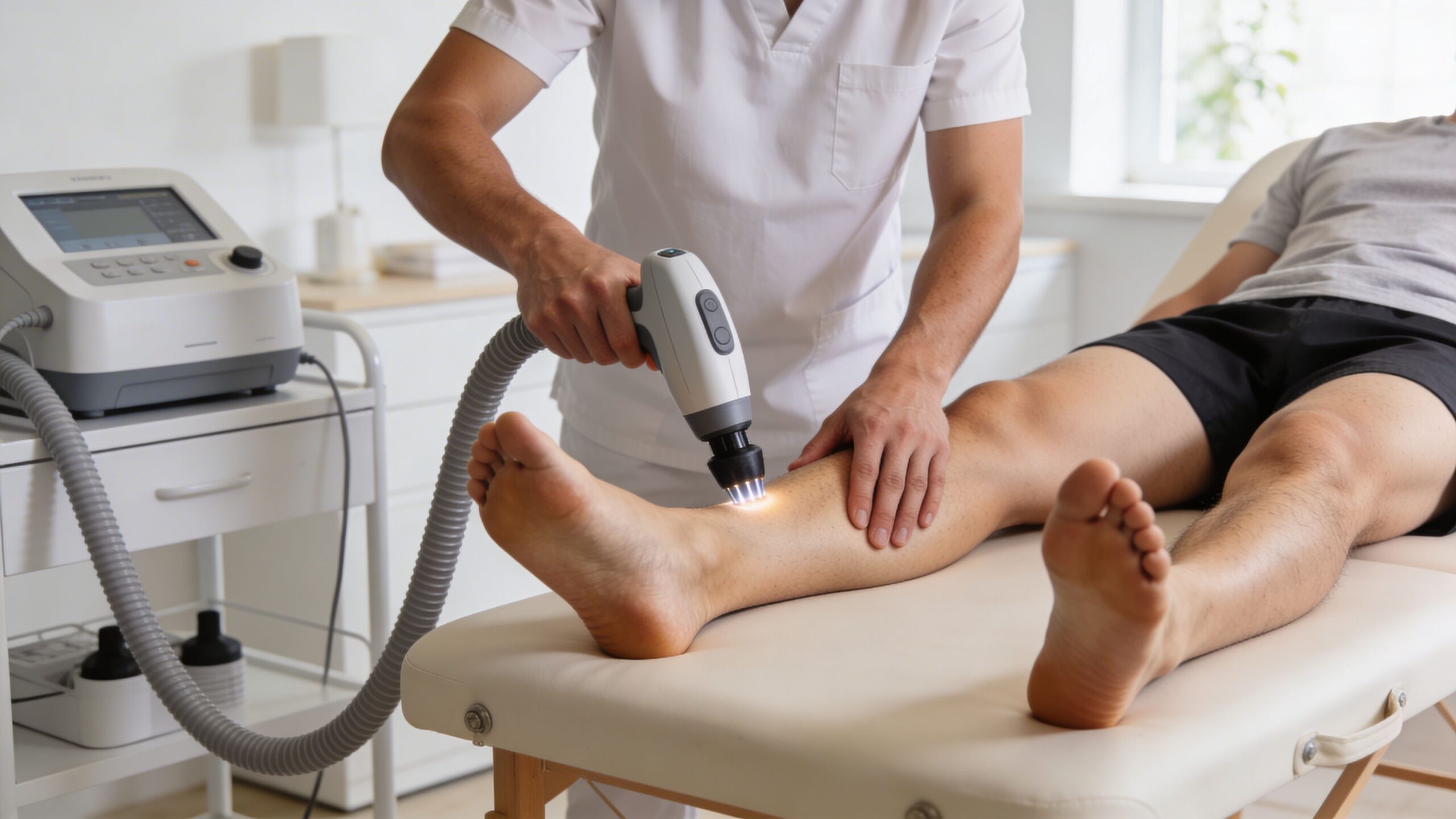 En fysioterapeut behandler en patients underben med en moderne laserterapi-maskine i en professionel klinik for manuel terapi.