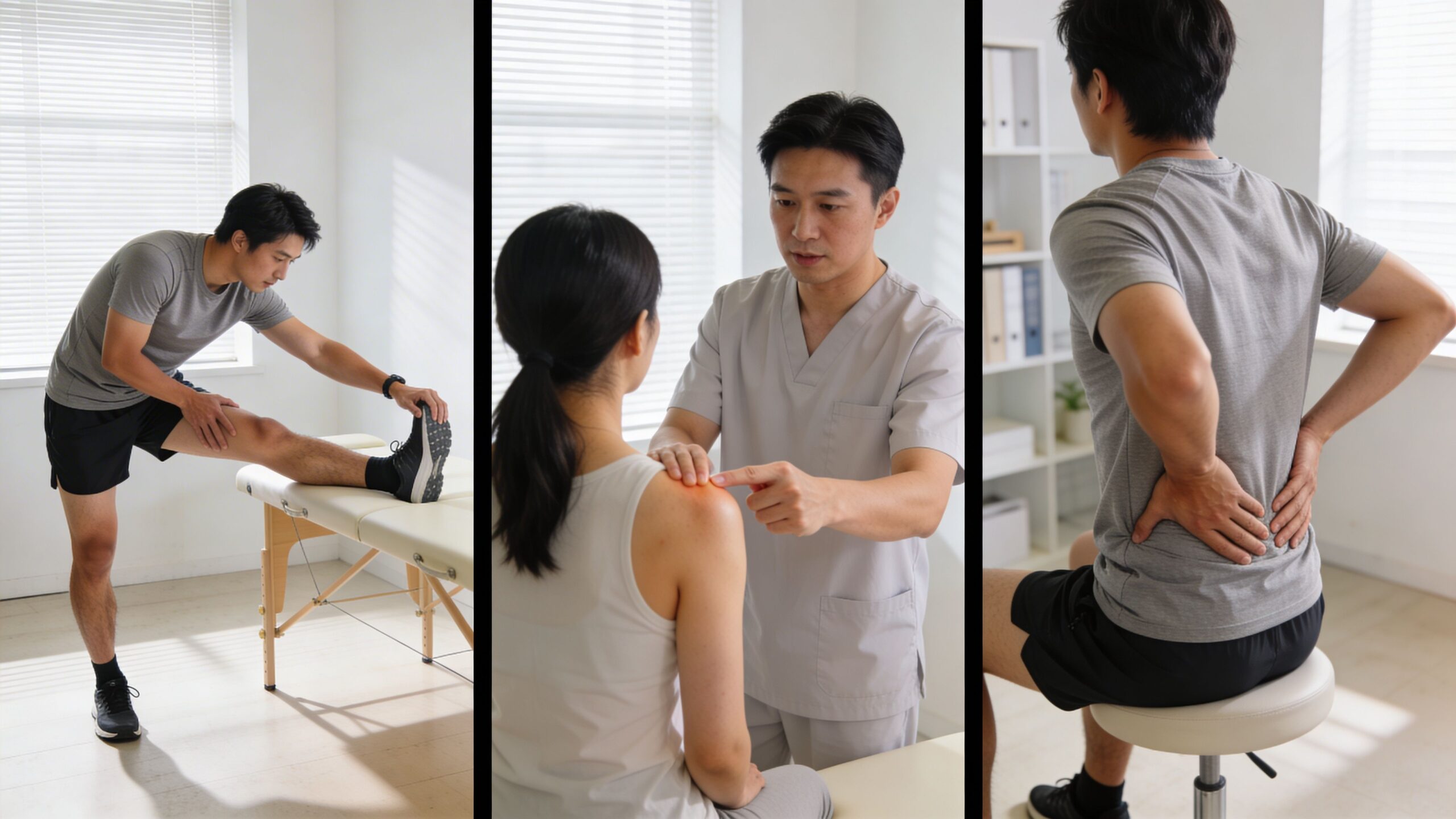En fysioterapeut arbejder med patienter i en klinik for manuel terapi, hvor de udfører strækøvelser og undersøgelser.