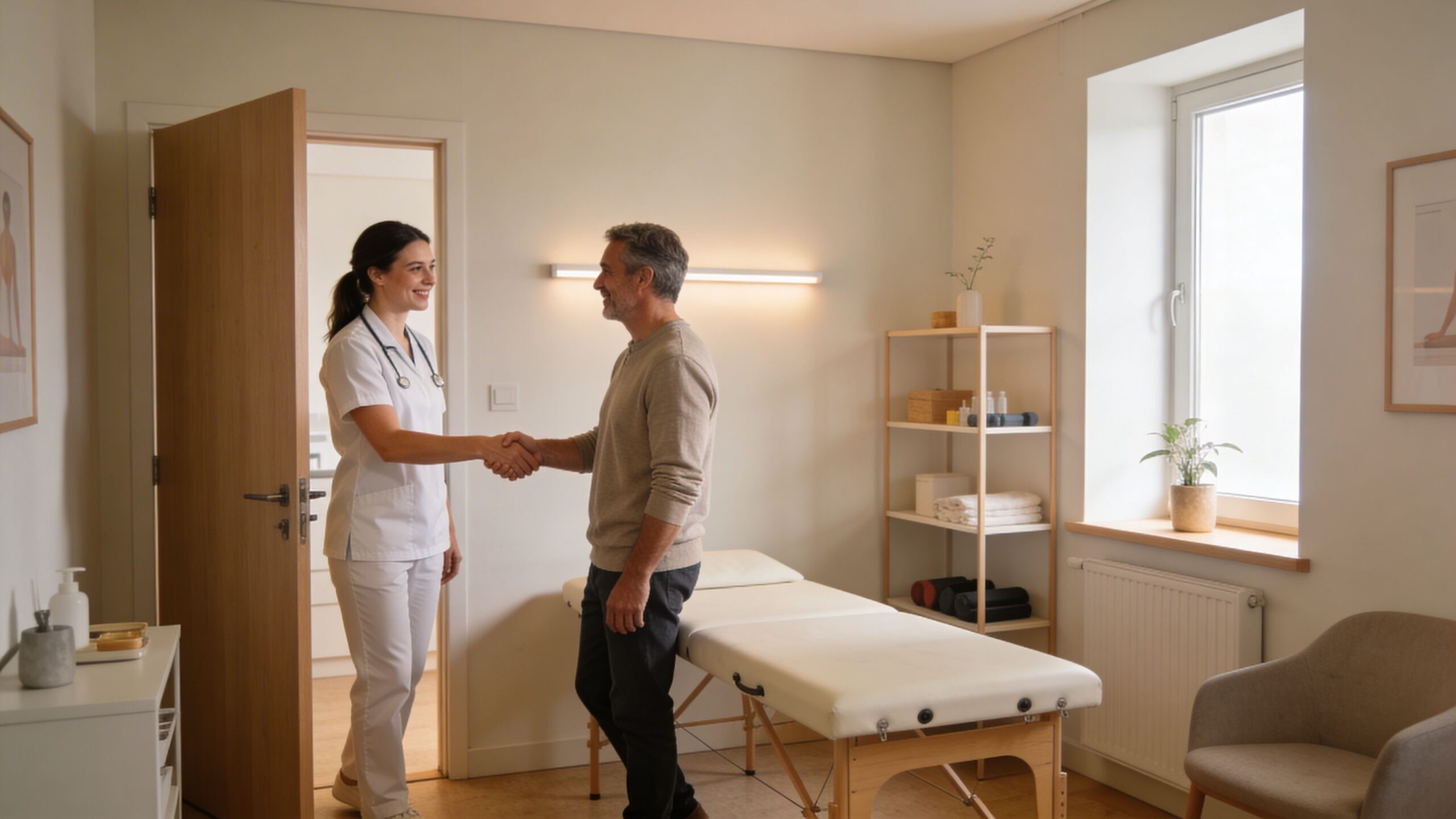 En kvindelig fysioterapeut giver hånd til en mandlig patient i et lyst og moderne behandlingslokale.