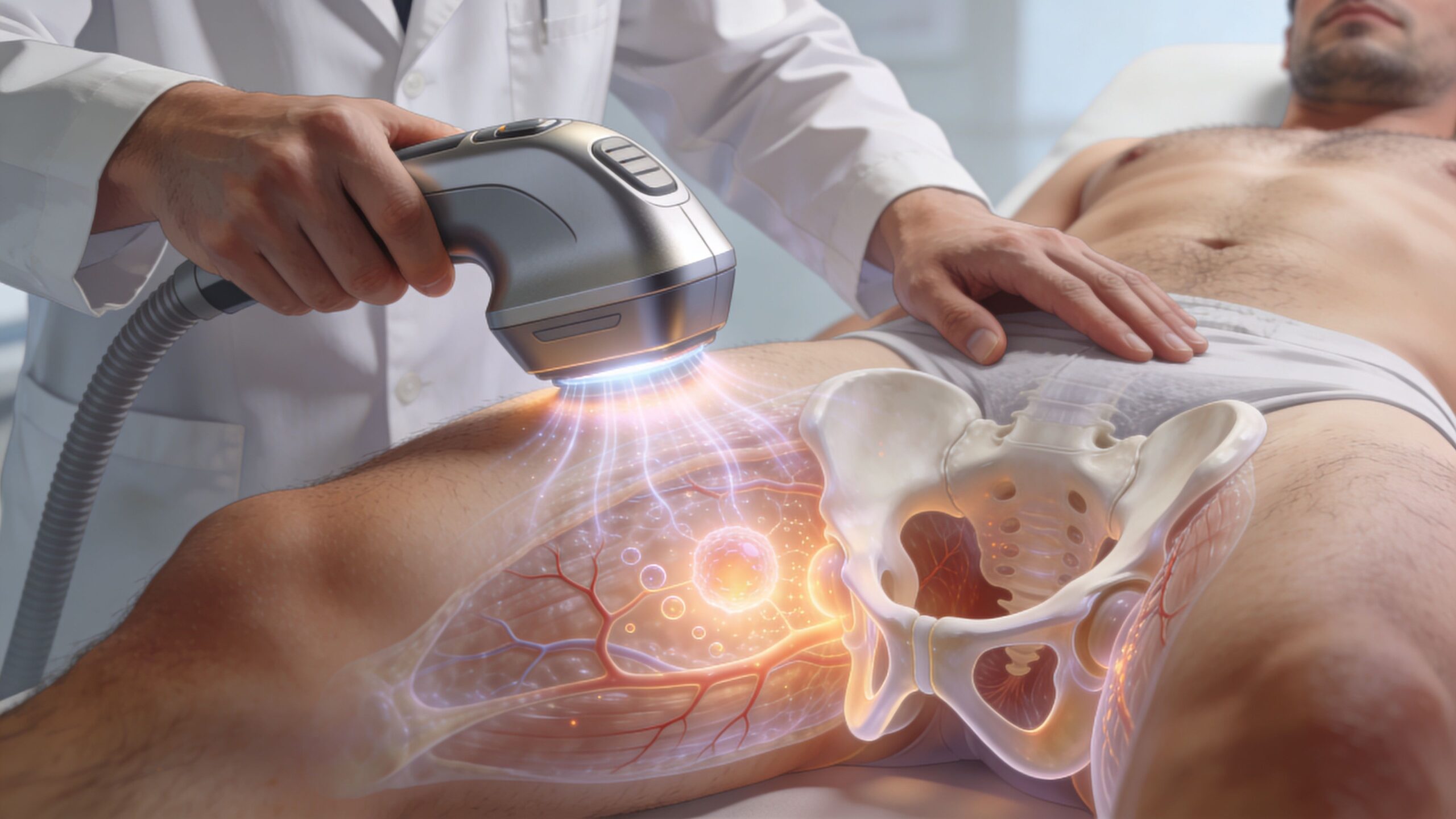 En læge bruger en avanceret laserterapi-enhed til behandling af en patients lårmuskulatur og bækkenområde med visualiseret anatomi.