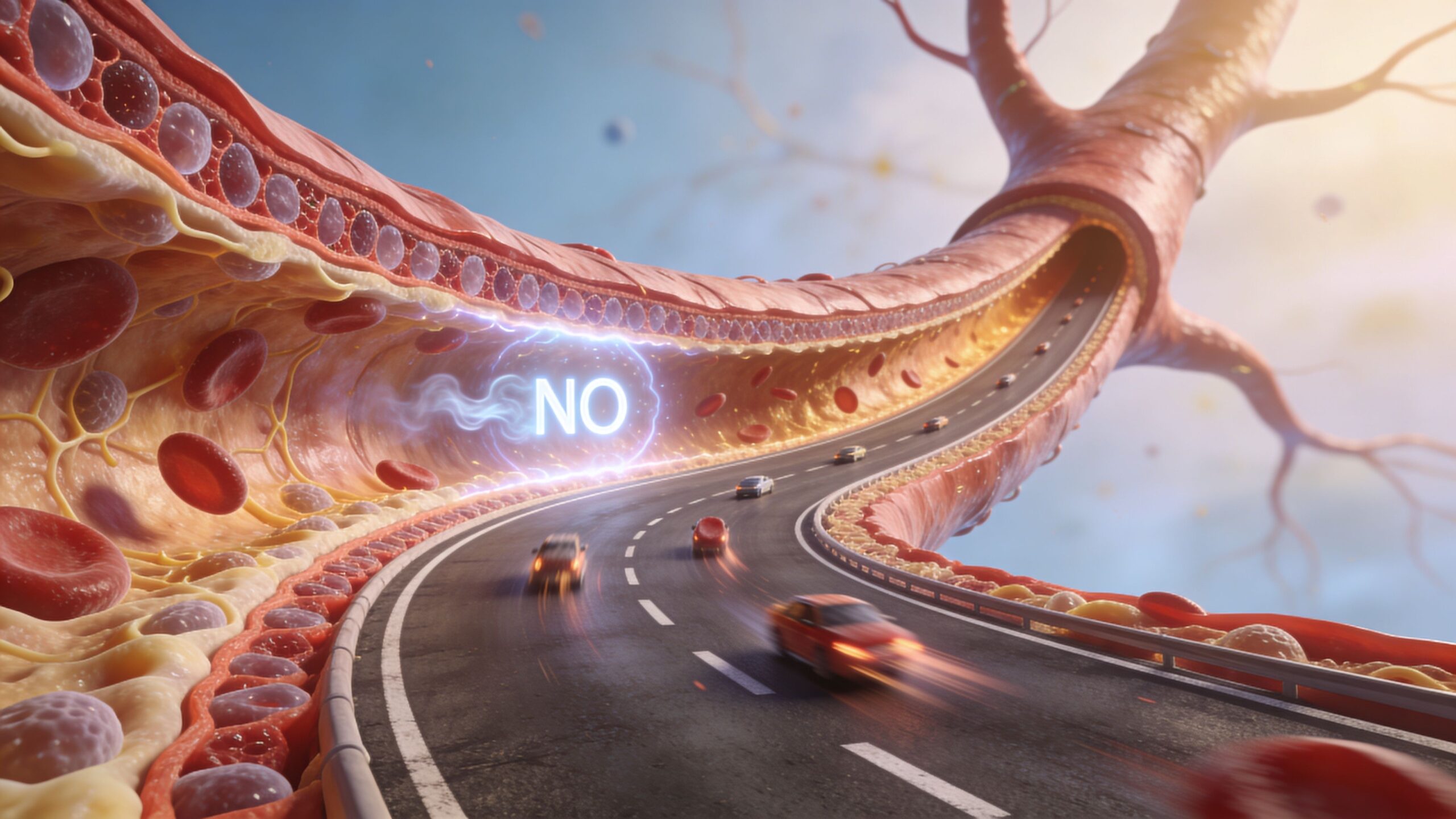 En illustration af blodkar, der fungerer som en motorvej med biler og et symbol for nitrogenoxid i midten.