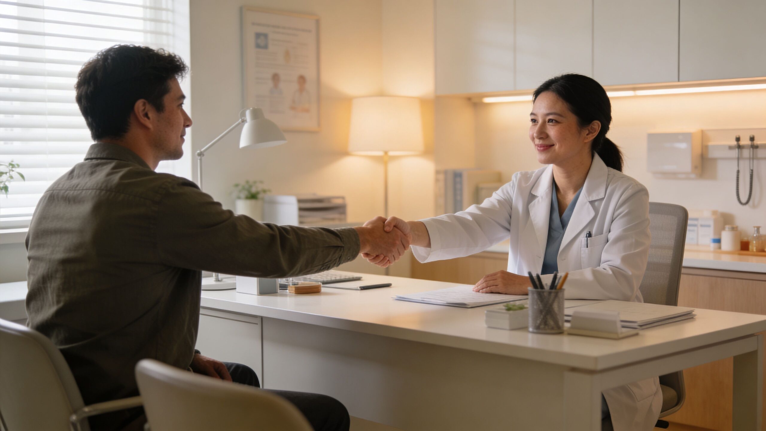 En kvindelig læge giver hånd til en mandlig patient i et lyst og moderne lægekontor