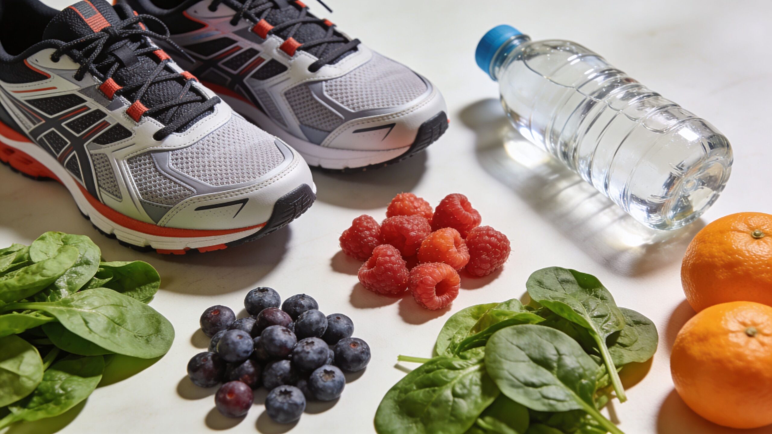 Et par løbesko, vandflaske, friske bær og spinatblade på en lys overflade for sund livsstil.