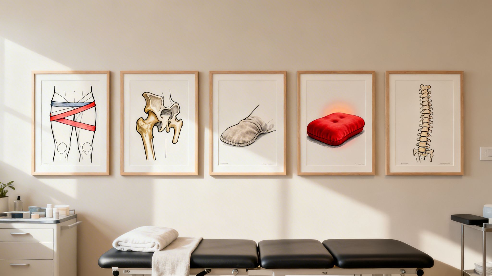 Moderne fysioterapiklinik med anatomiske billeder af hofter, fod og rygsøjle samt en behandlingsbriks.
