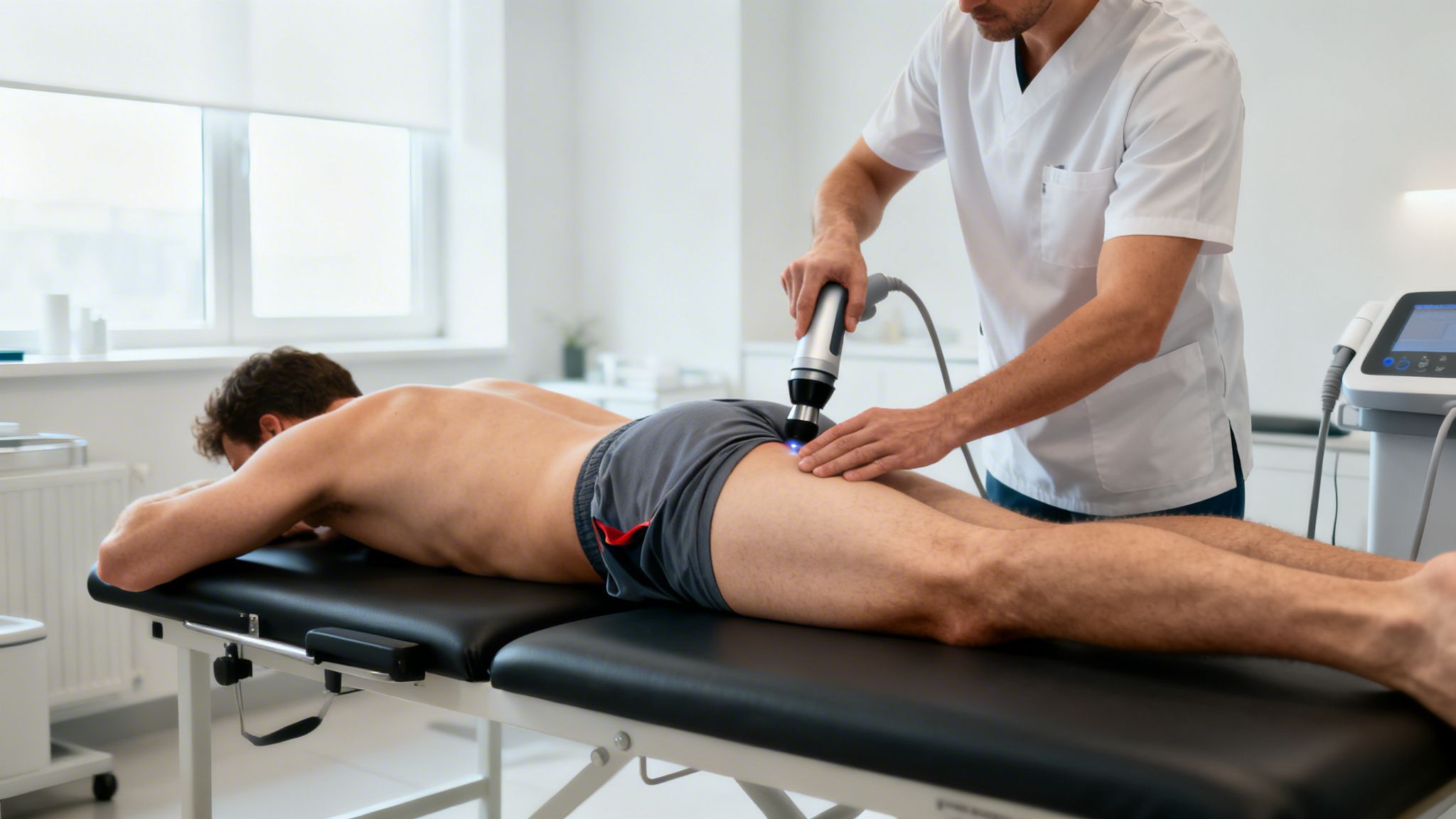 En fysioterapeut anvender shockwave-terapi på en mands hofte for at lindre smerter.