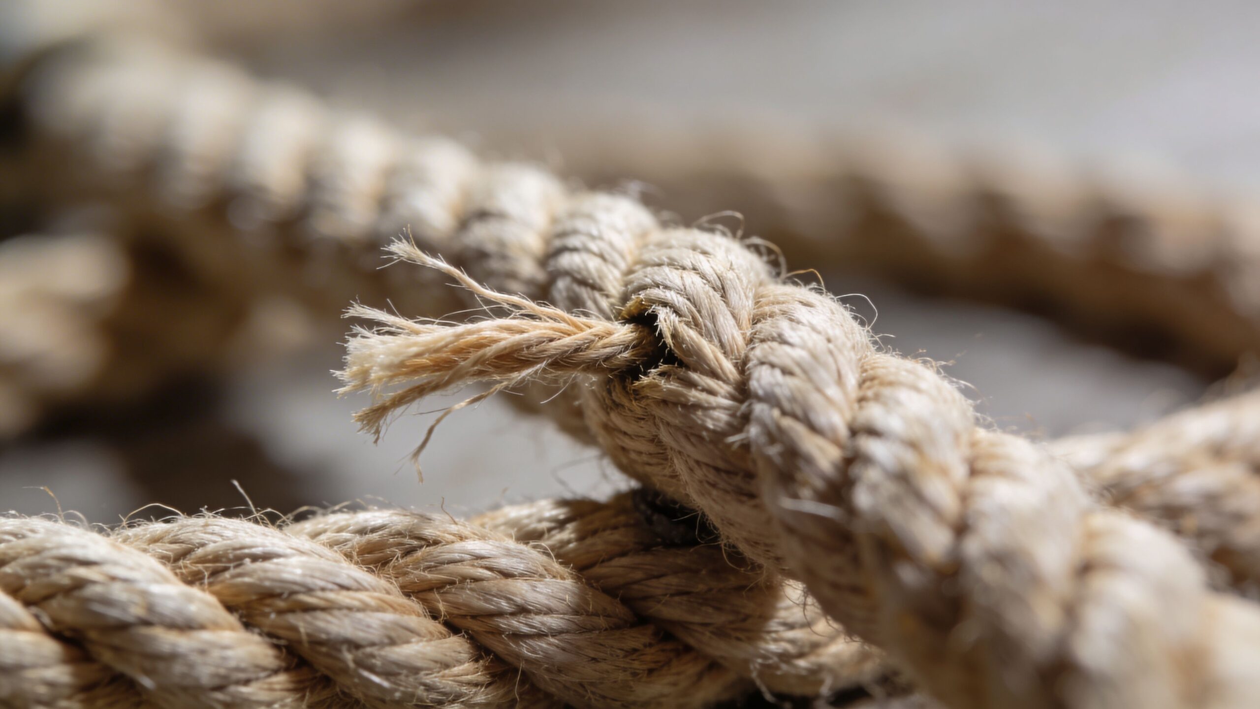 Et nærbillede af et slidt og flosset reb, der ligger på en ru og tekstureret grå overflade.