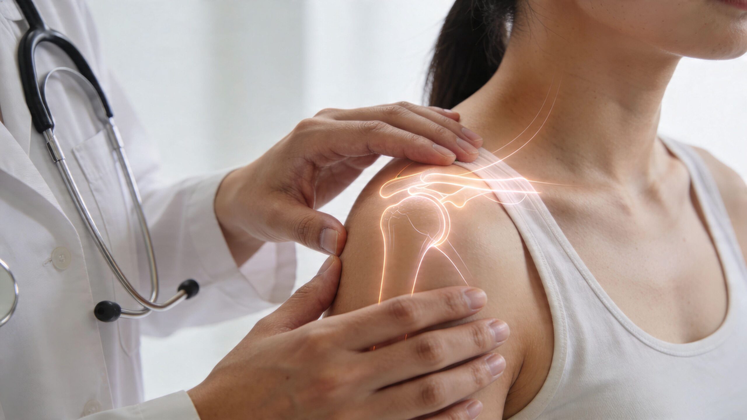 En læge undersøger en patients skulder, hvor et lysende grafisk overlay viser skulderleddets anatomi og knoglestruktur.