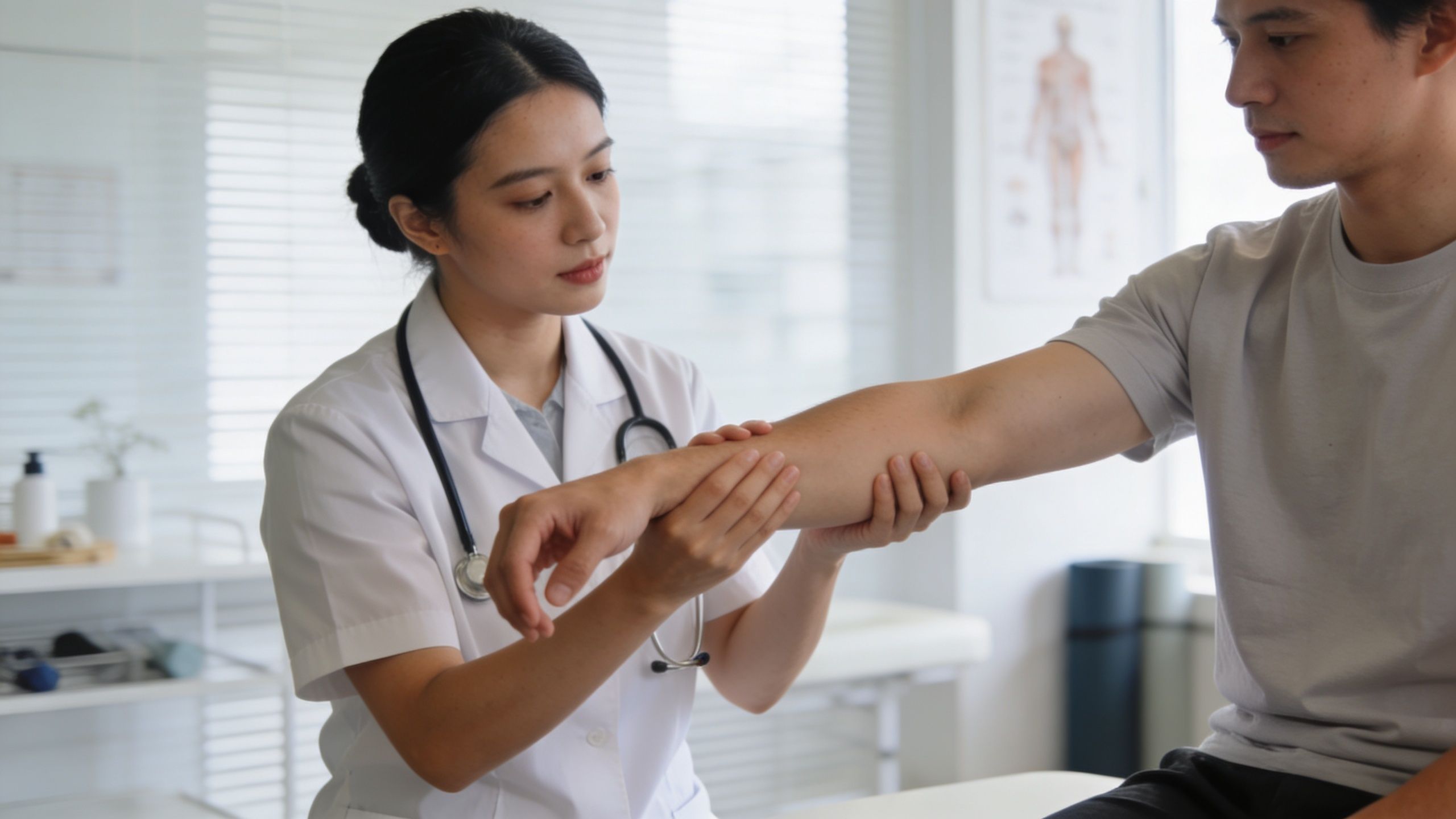 En kvindelig læge undersøger forsigtigt en patients arm i et professionelt og lyst kliniklokale.