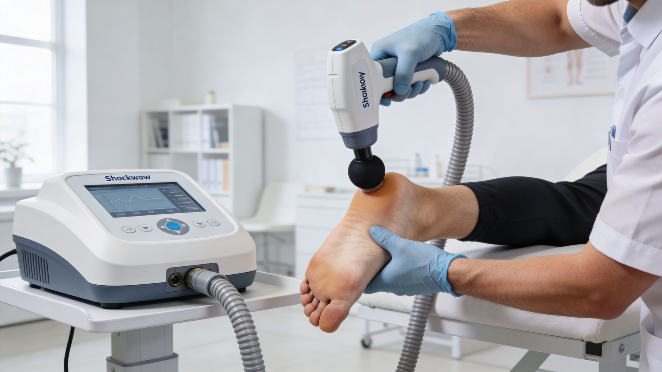 Fysioterapeut behandler en patients hælsmerter med en Shockwow shockwave-maskine på en moderne klinik.