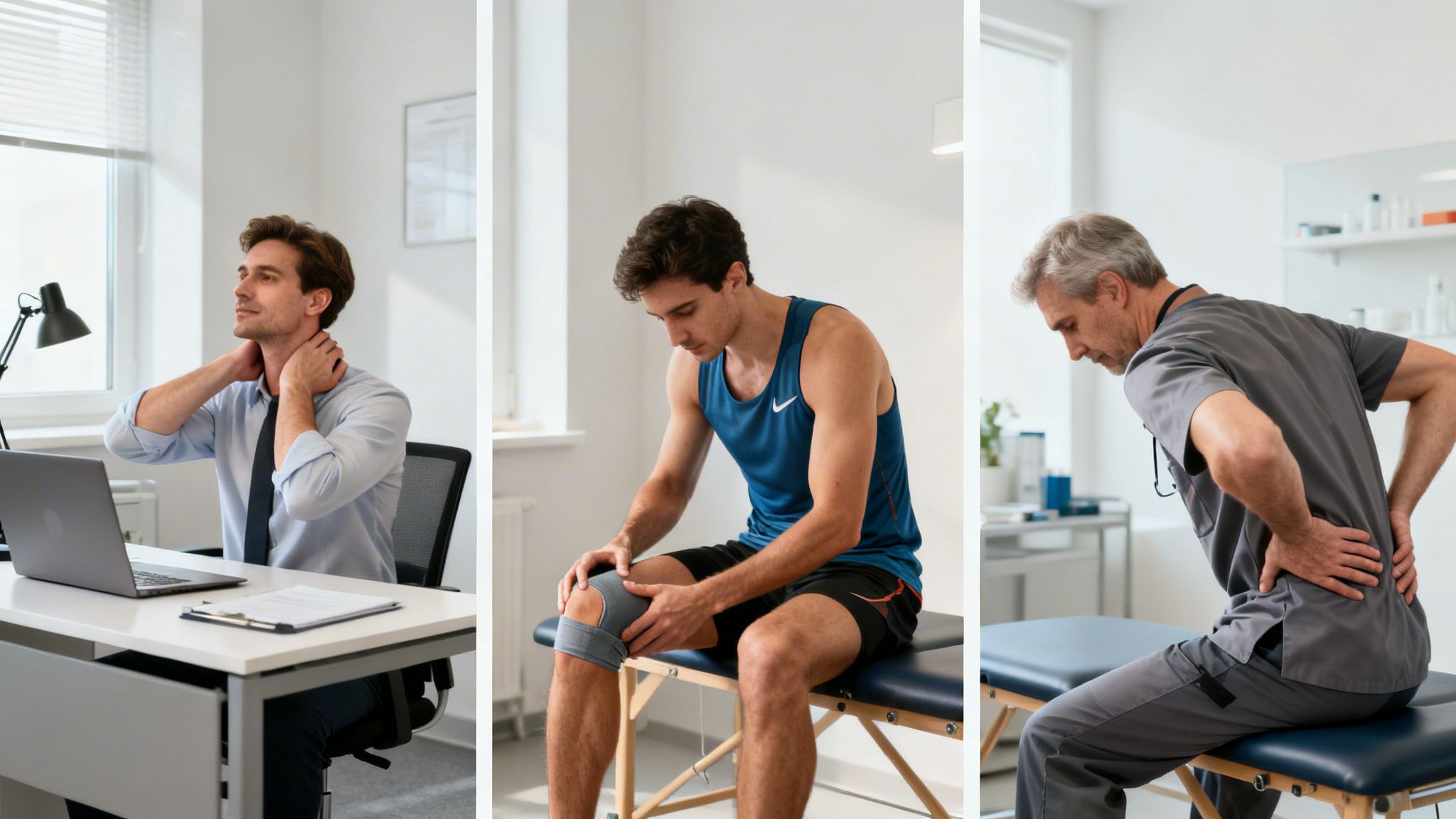 Mænd med nakke-, knæ- og rygsmerter, der illustrerer behovet for fysioterapi eller massage.