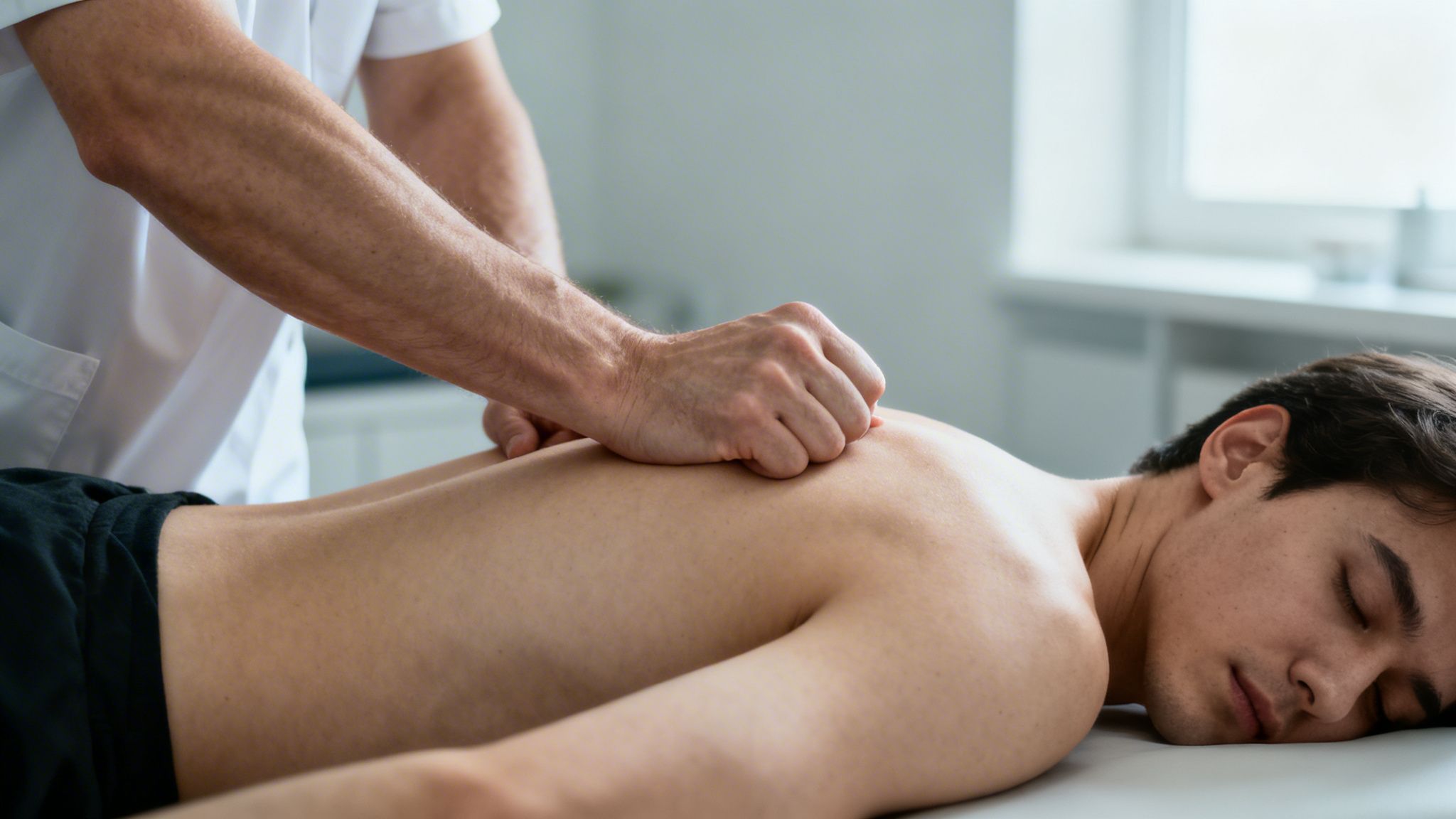 En massør giver en mand en dybdegående massage på ryggen for at lindre spændinger.
