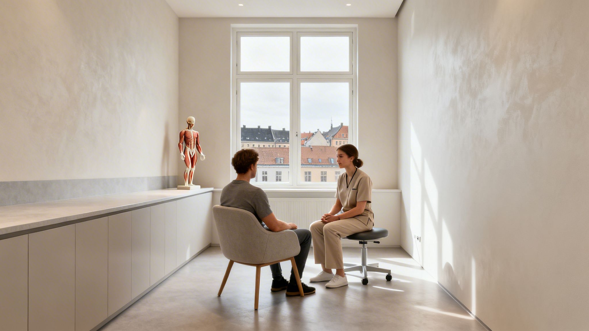 En mand og en kvinde, sandsynligvis patient og behandler, taler i et moderne konsultationsrum med et anatomisk skelet og udsigt til byen.