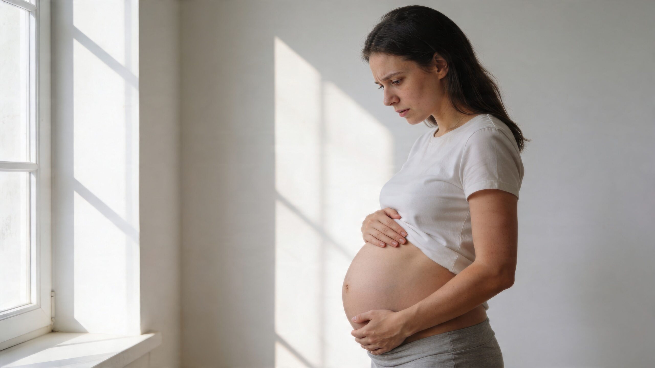 En gravid kvinde står ved et lyst vindue og holder forsigtigt om sin store gravide mave.