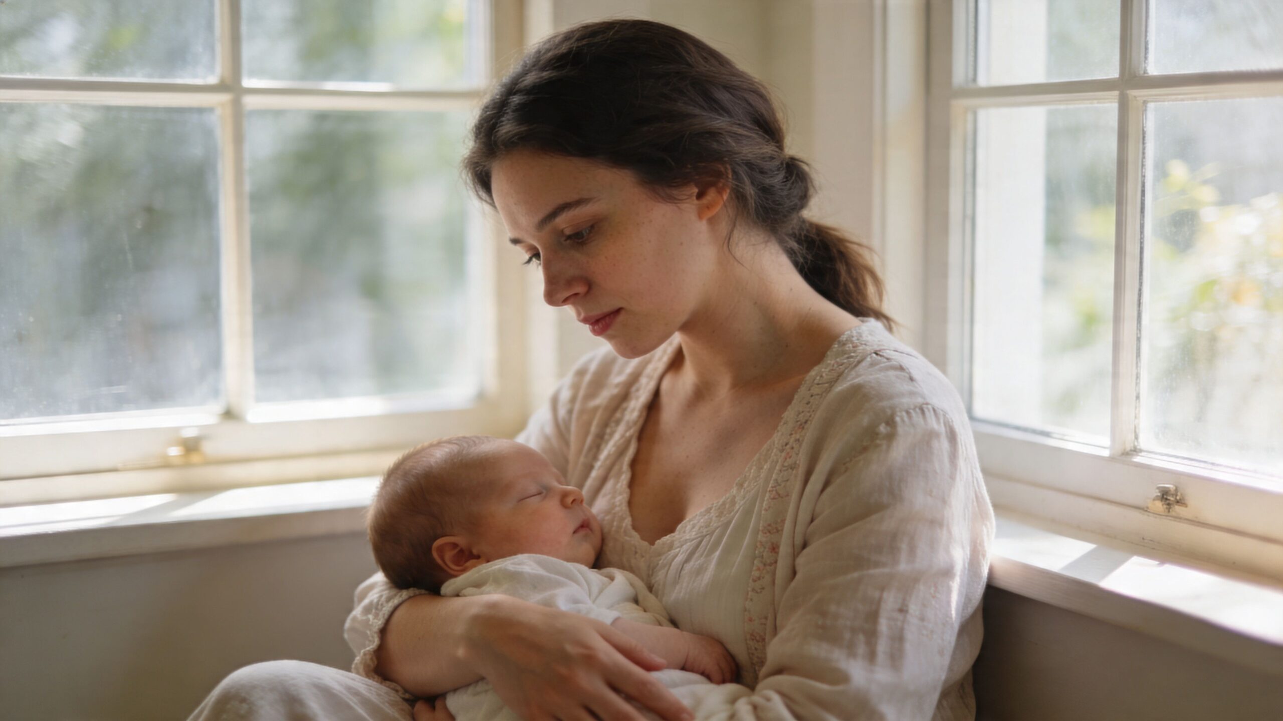 En kærlig mor sidder ved et vindue og holder omsorgsfuldt sin lille sovende baby i sine arme.