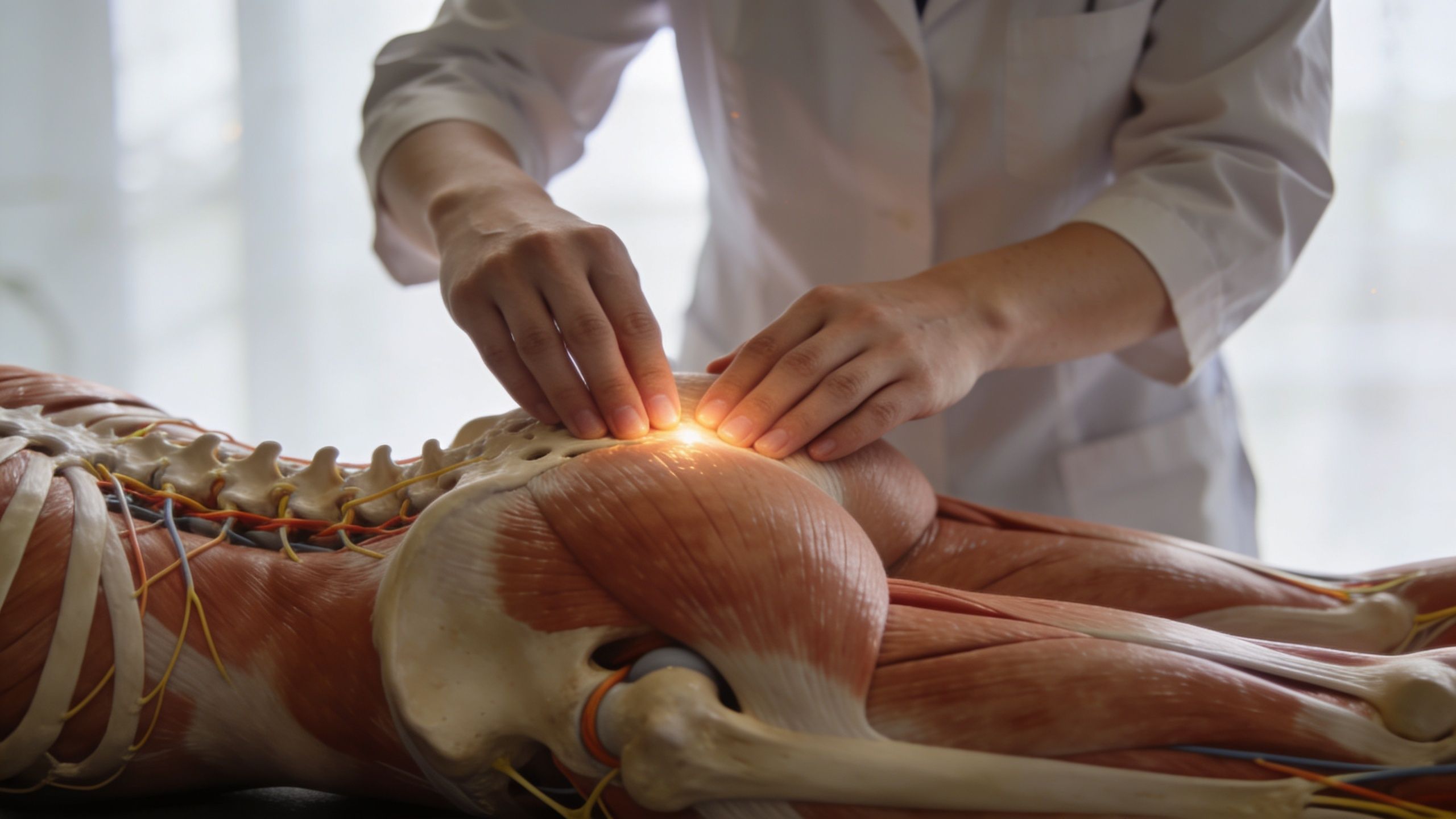 En læge undersøger en anatomisk model af bækkenet og hoften for at illustrere smerter i iskiasnerven.