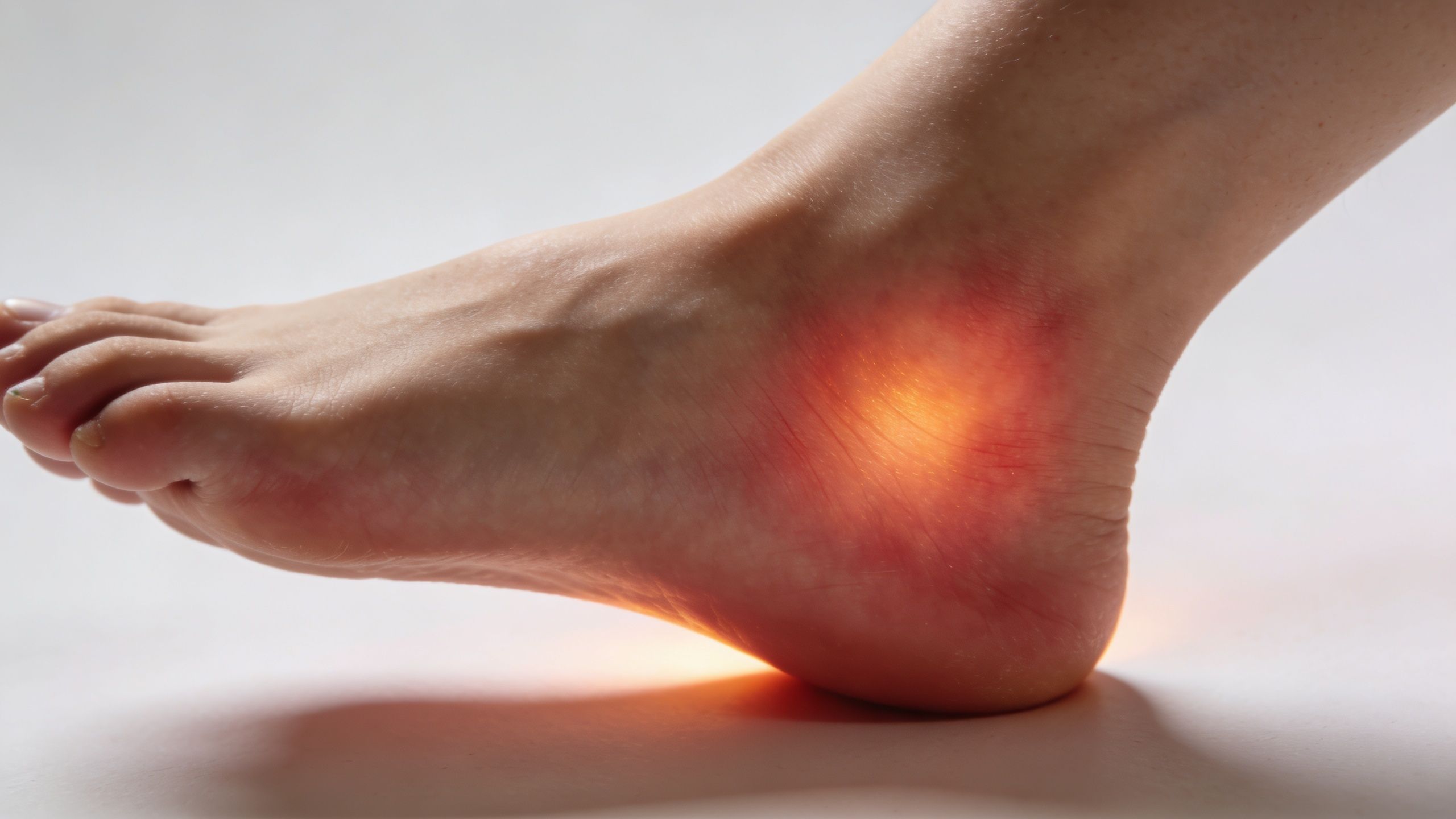 Et nærbillede af en menneskelig fod, der viser symptomer på smertefuld betændelse eller inflammation i anklen.