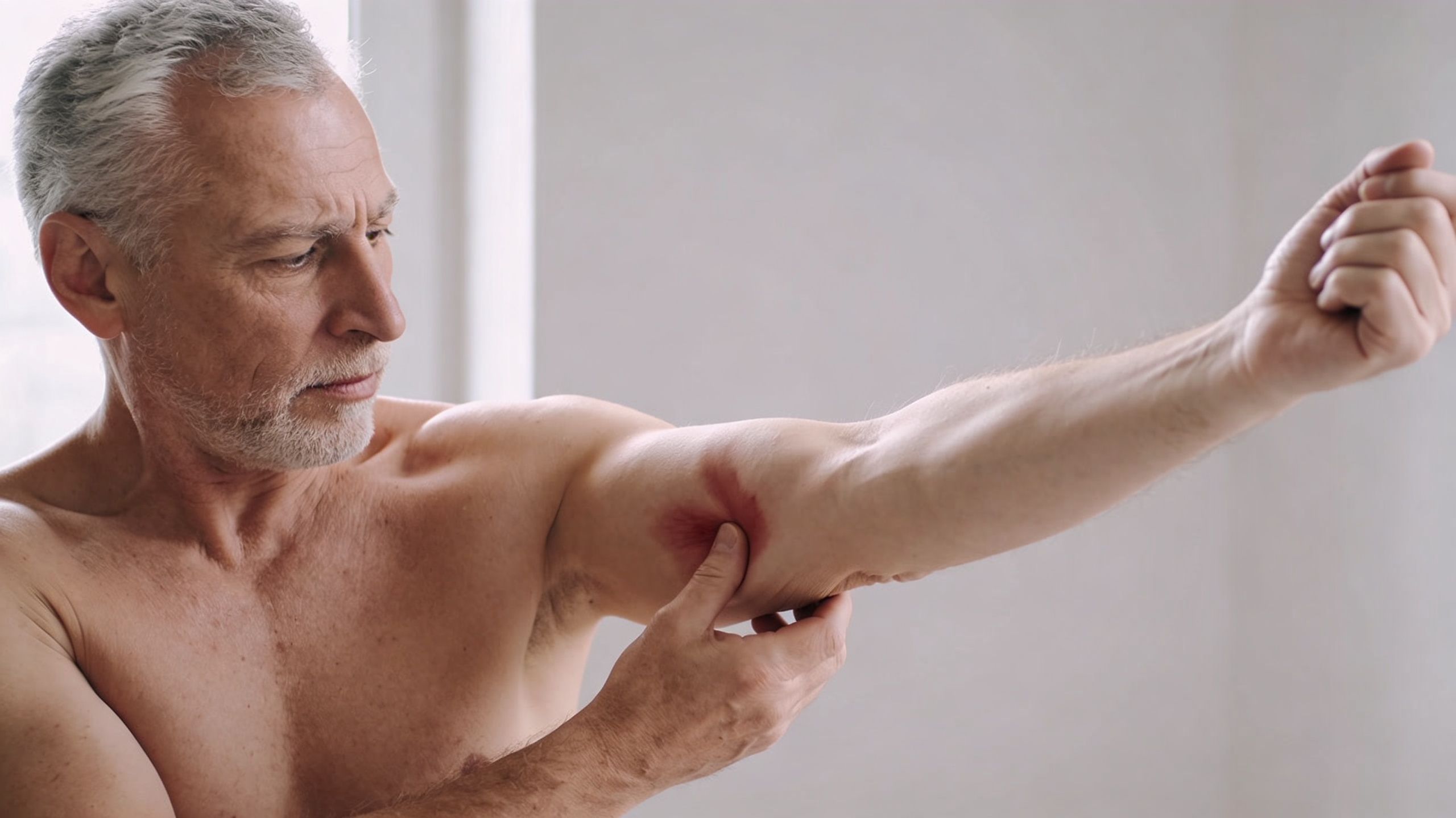 En ældre mand undersøger et rødt, betændt område på sin overarm, hvilket kan indikere inflammation i kroppen.