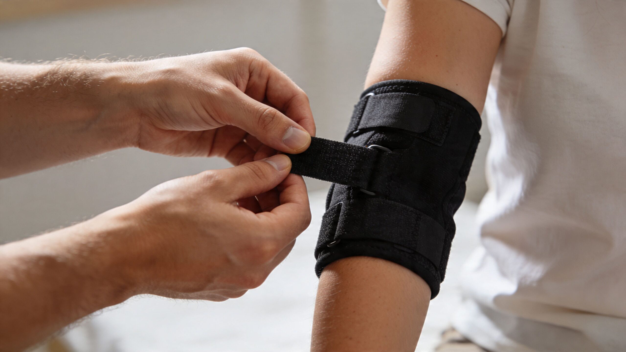 En fysioterapeut justerer en sort albuebandage for at støtte en patients arm ved behandling af tennisalbue