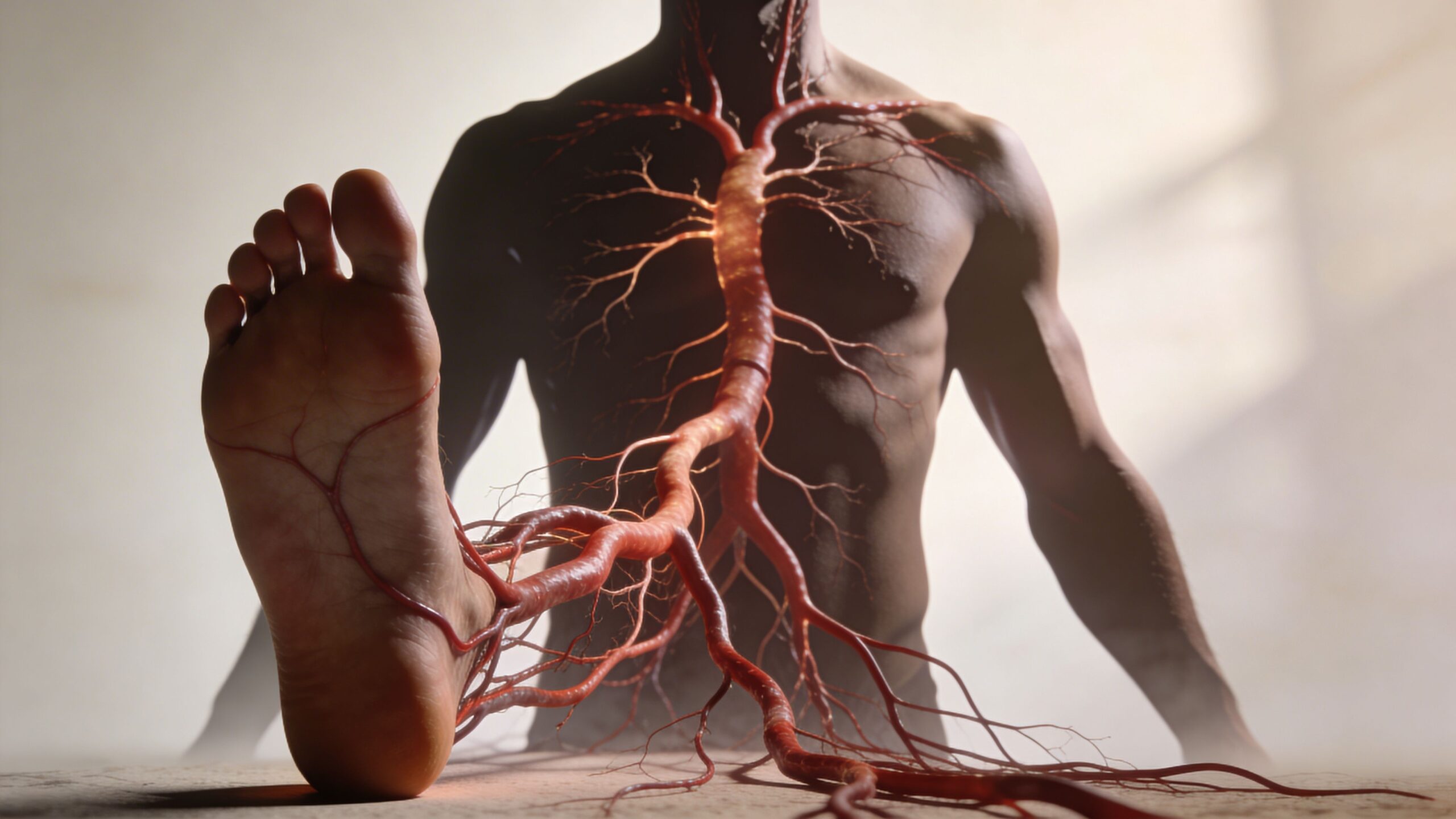 Illustration af menneskelig anatomi, der viser cirkulationssystemet med fokus på blodårer og fornemmelse i foden.