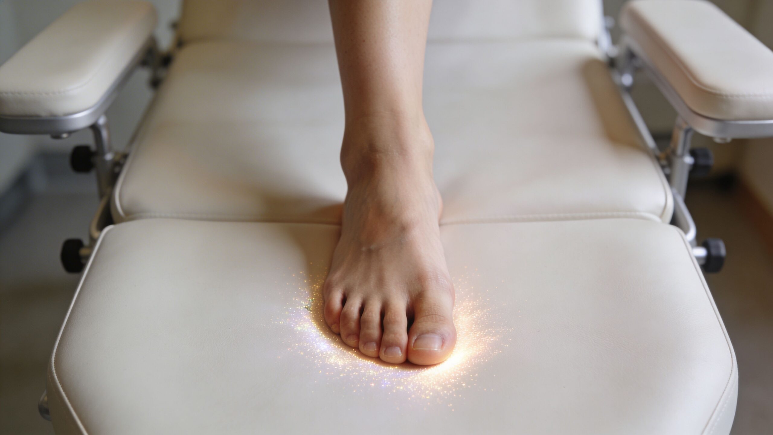 Et nærbillede af en menneskefod, der hviler på en briks med en glødende, glitrende effekt ved tæerne.