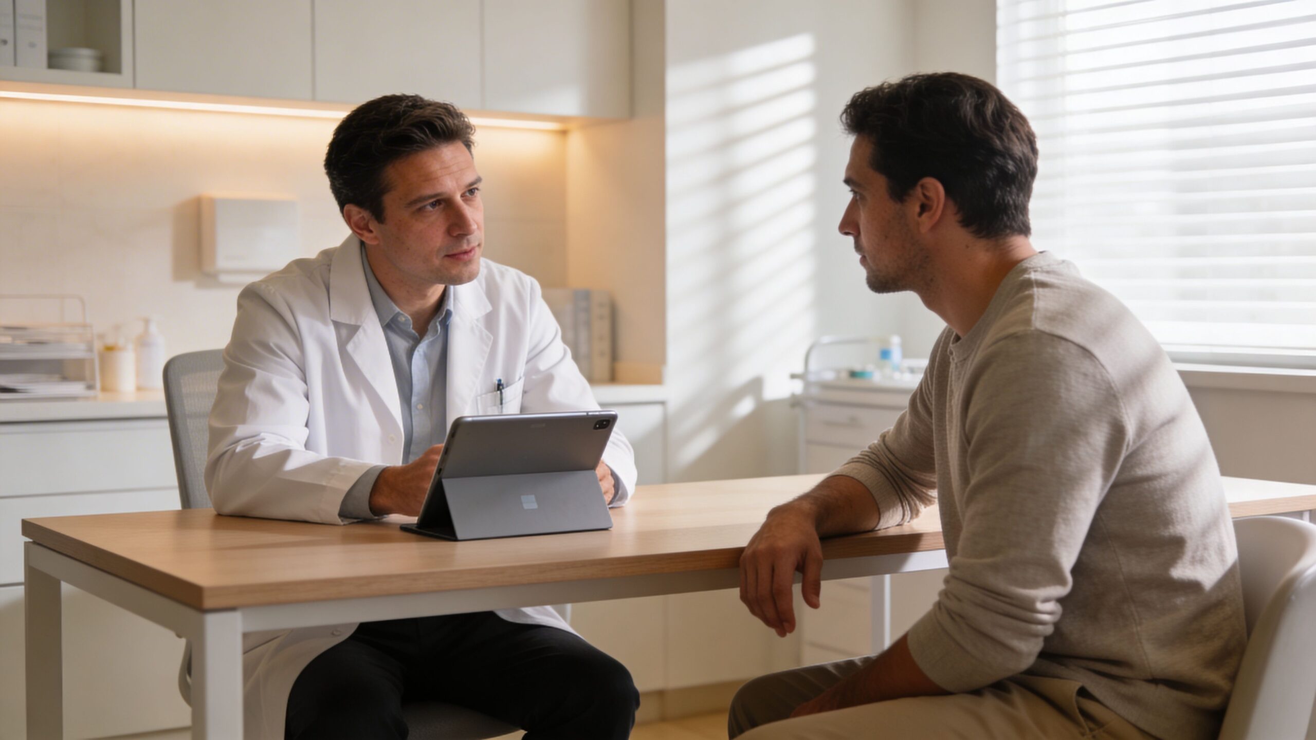 En mandlig læge i hvid kittel taler med en patient under en konsultation på et lægekontor.