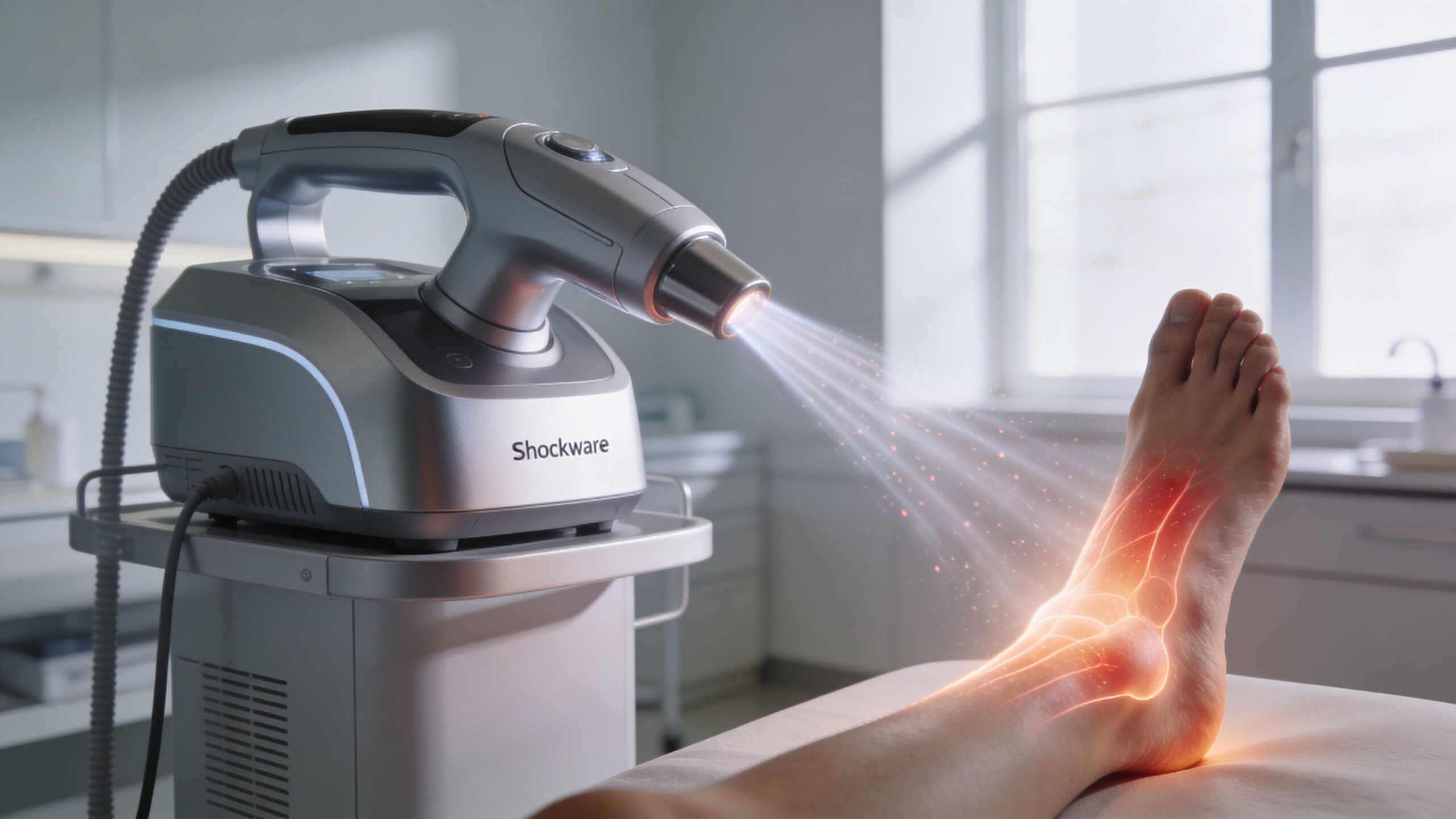 Et medicinsk Shockware-apparat anvender fokuseret lysterapi på en patients fod for at behandle smerter og ubehag.