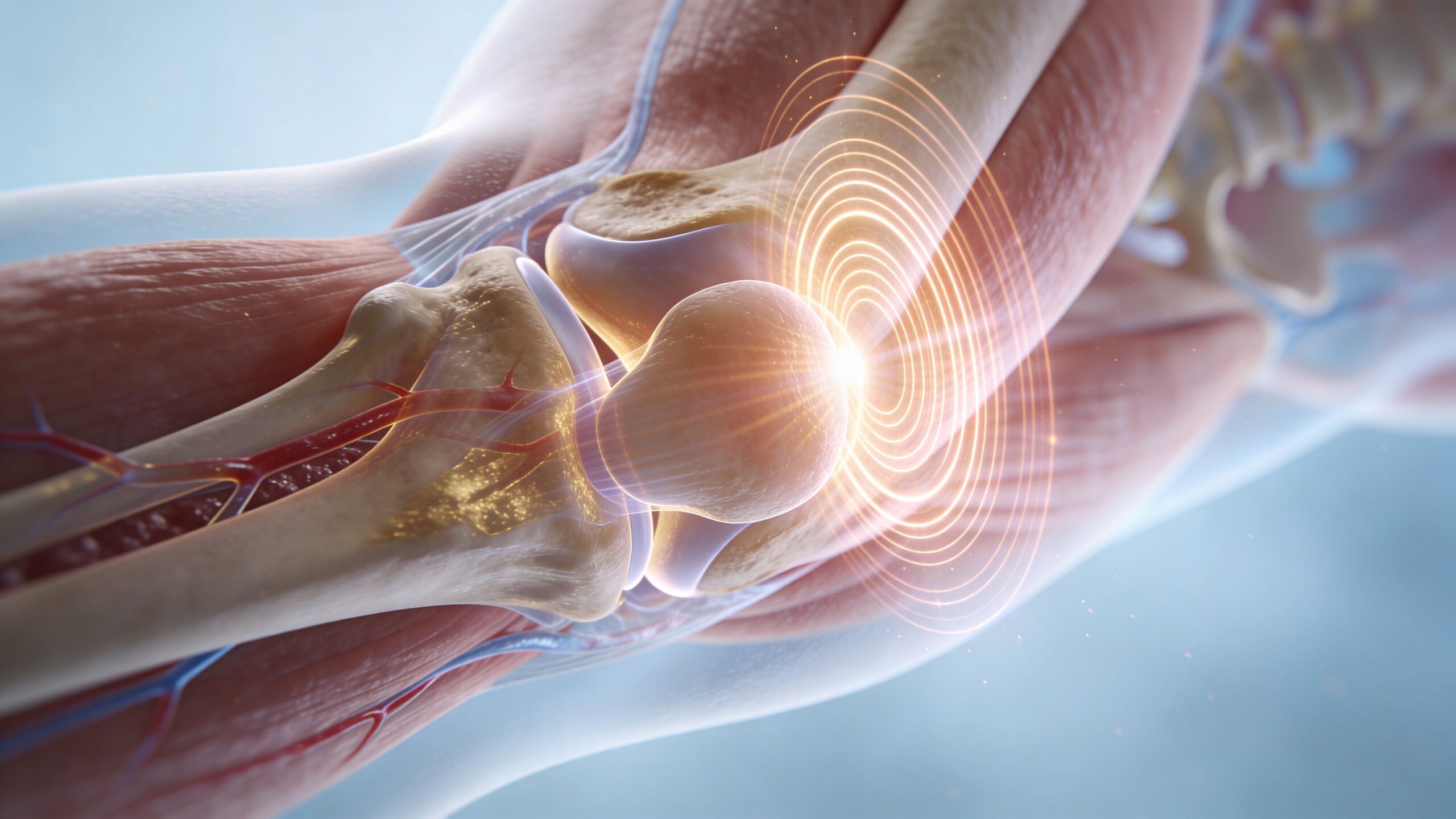 En medicinsk illustration af et menneskeligt knæled med visualisering af smerte og betændelse i leddet.