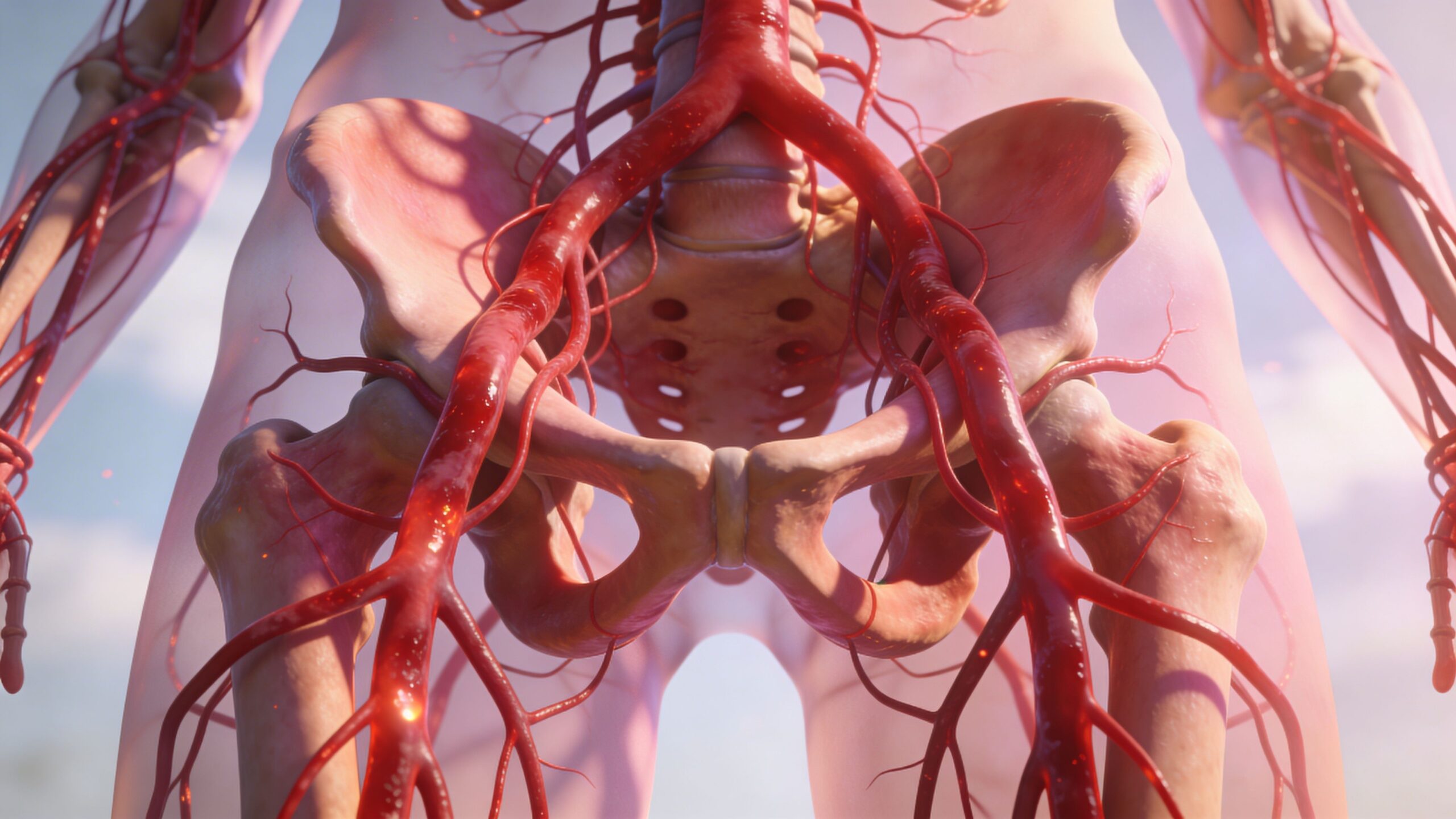 En detaljeret anatomisk illustration, der viser blodkarsystemet og arterierne i bækkenet og benene hos et menneske.