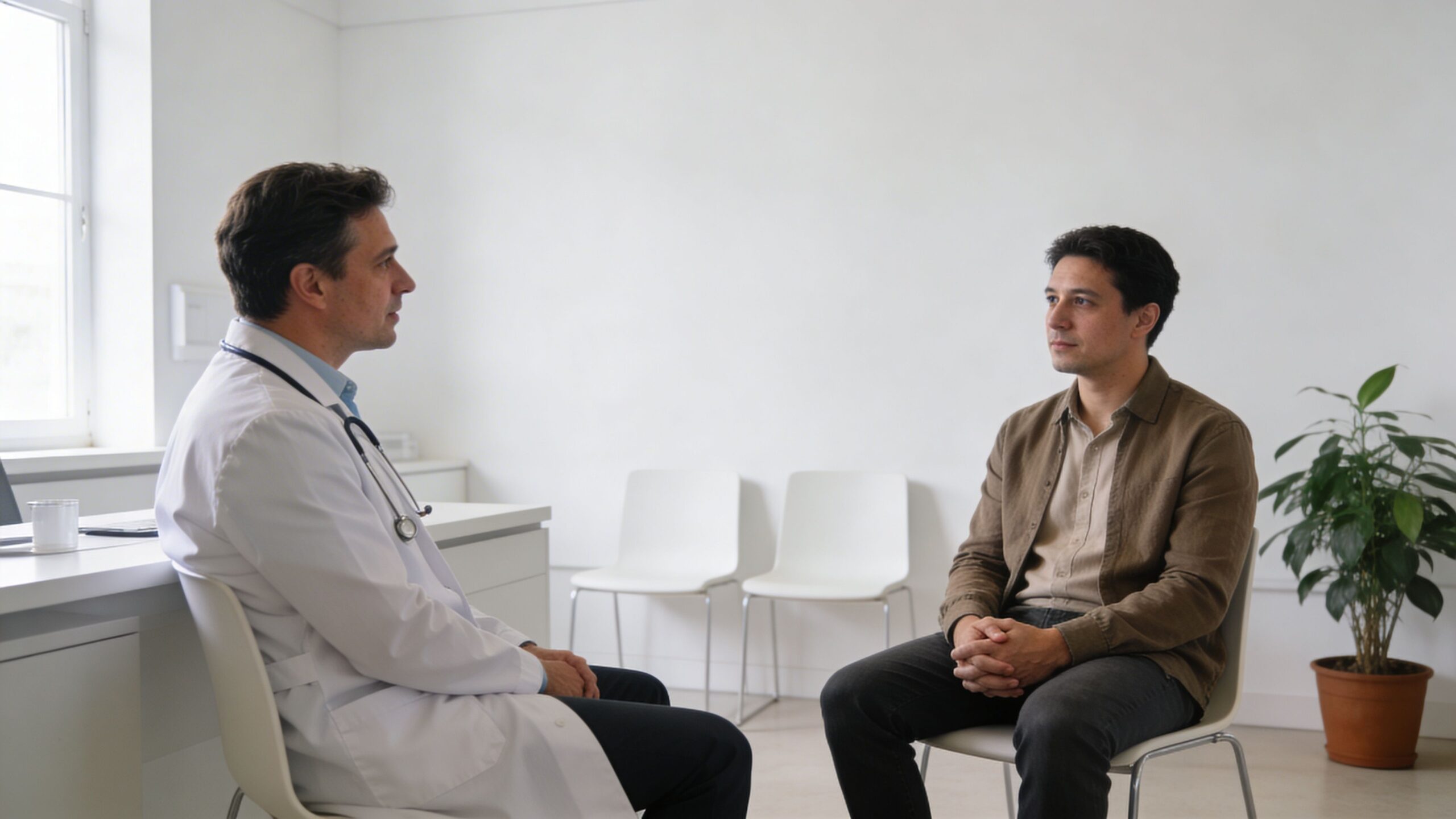 En læge i hvid kittel har en konsultation med en mandlig patient i et lyst lægekontor.