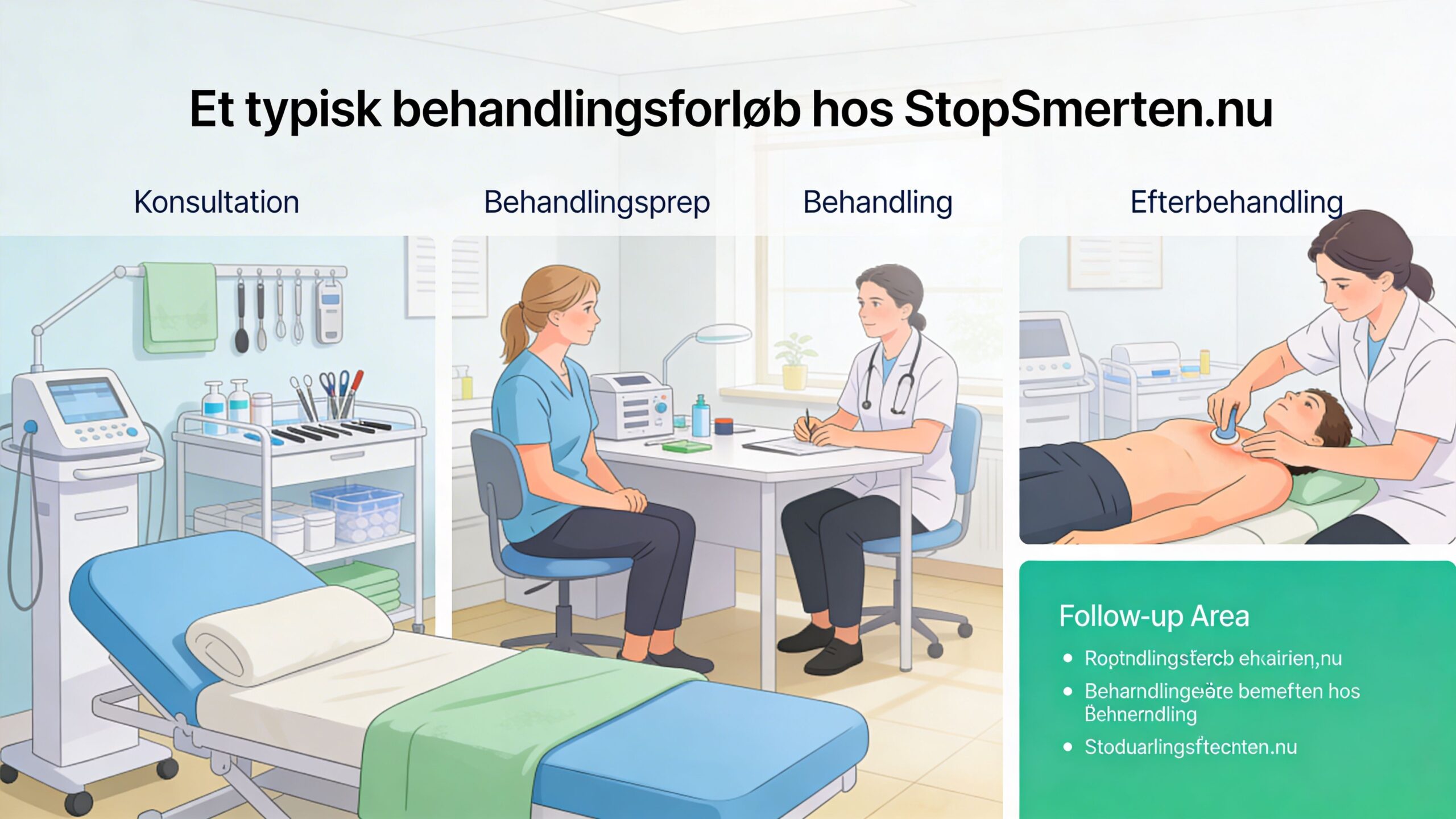 En illustration der viser det typiske behandlingsforløb hos StopSmerten.nu med konsultation, behandlingsforberedelse, selve behandlingen og efterbehandling.