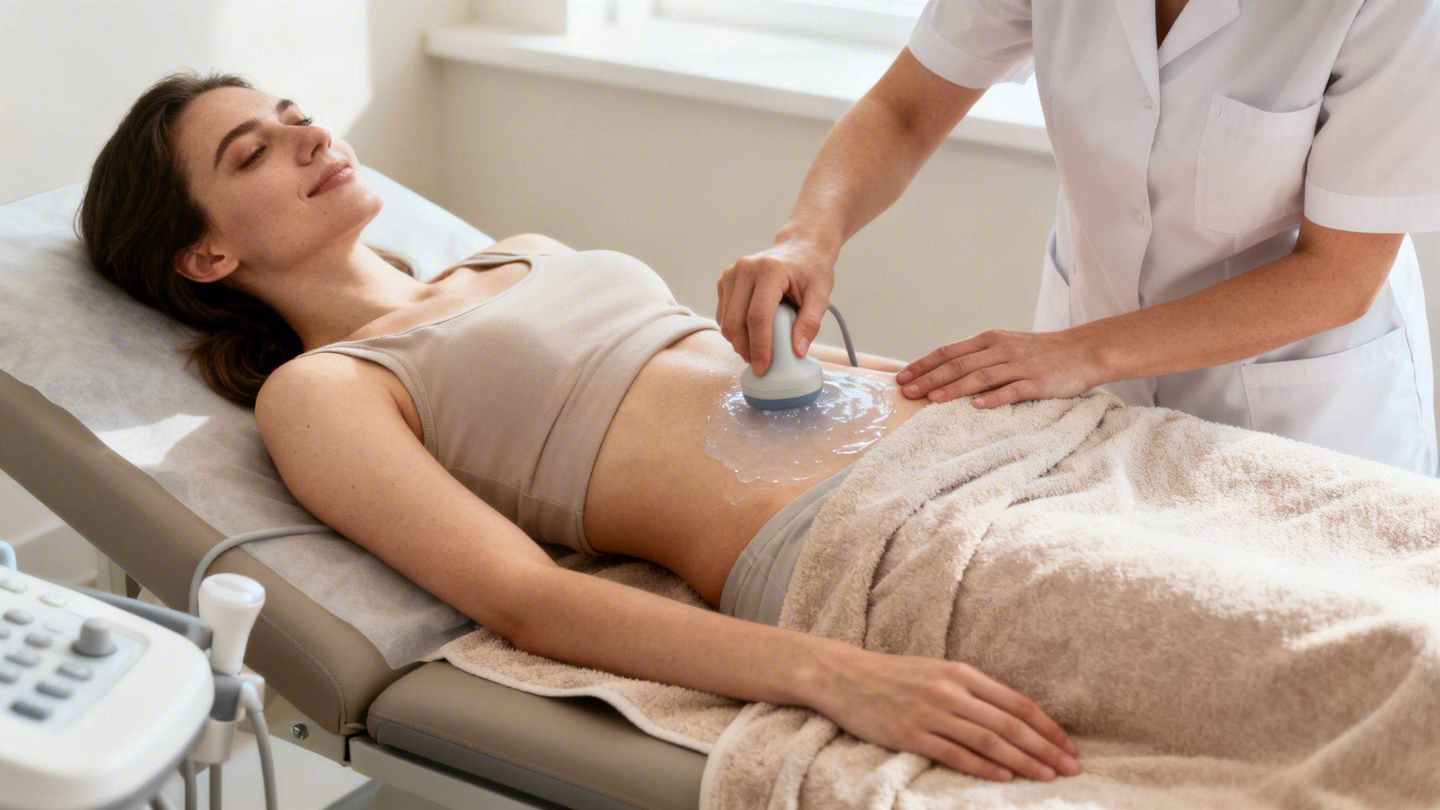 En ung kvinde modtager en ultralydsscanning på maven, udført af en sundhedsperson.