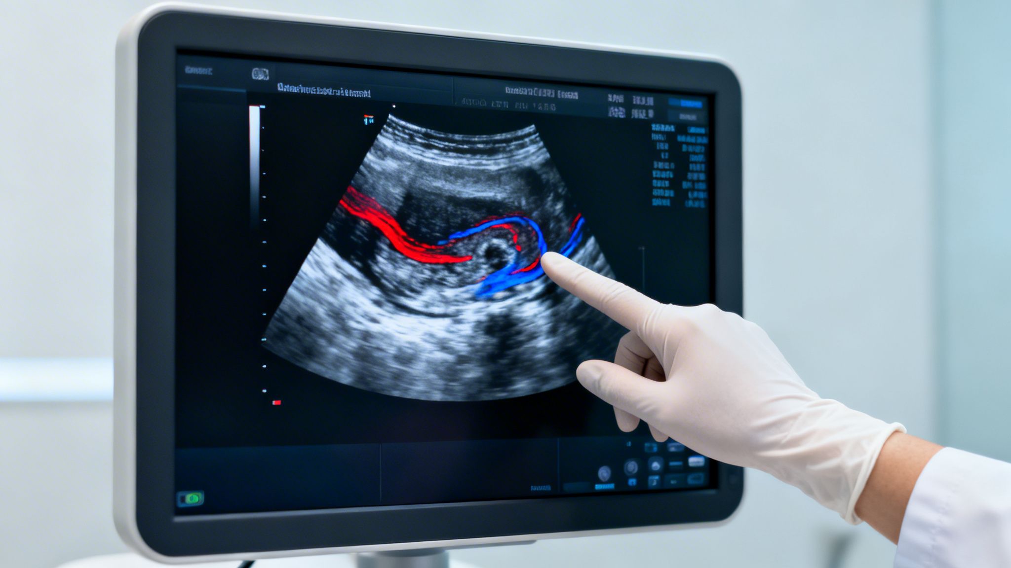 Læge med handske peger på ultralydsskærm, der viser foster med farvedoppler.