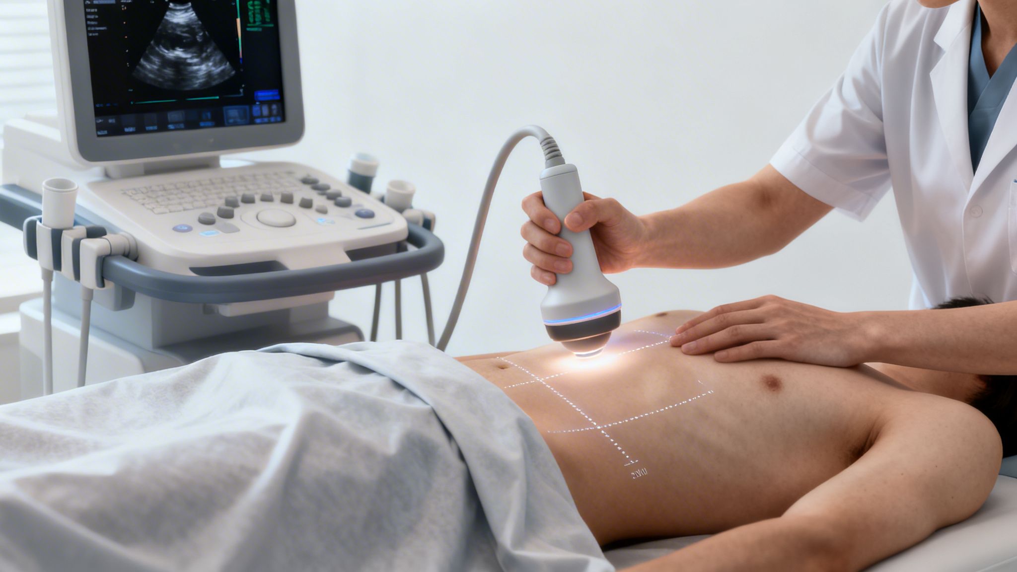 Læge udfører ultralydsscanning af mave på mandlig patient med avanceret udstyr i en klinik.