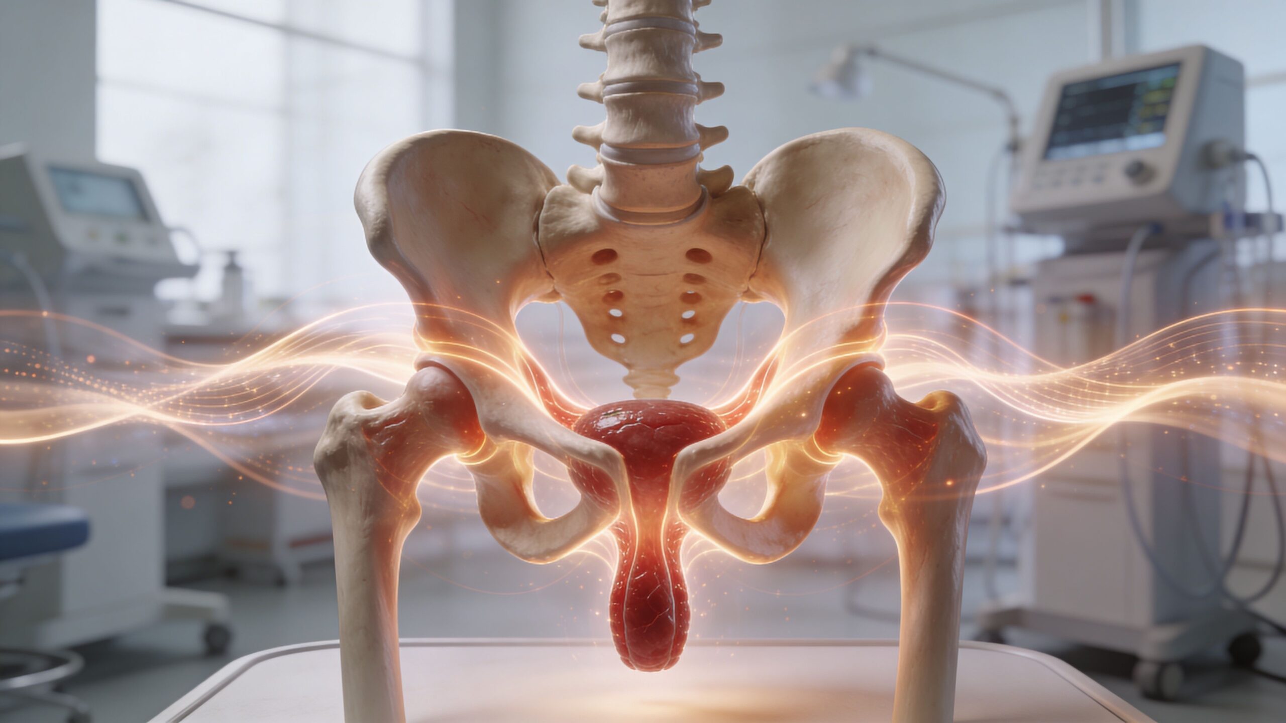En 3D-illustration af det menneskelige bækken med indre organer, omgivet af en lysende energi og medicinsk udstyr.
